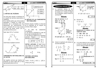 FÍSICAFÍSICAFÍSICAFÍSICA LIC. JAIME A. HUACANI LUQUELIC. JAIME A. HUACANI LUQUELIC. JAIME A. HUACANI LUQUELIC. JAIME A. HUACANI LUQUE19191919
c) MÉTODO DEL POLÍGONO
Se utiliza para calcular la resultante de
un conjunto de vectores concurrentes y
coplanares.
Es un método grafico que utiliza escalas
apropiadas y consiste en trazar los
vectores uno a continuación del otro
manteniendo sus características. El
vector resultante ( R ) se traza uniendo
el origen del primer vector con el
extremo del último vector.
Ejem. Sean A,B y C
rrr
vectores
Construimos el polígono vectorial
COMPONENTES RECTANGULARES DE
UN VECTOR
Son aquellos vectores que resultan de
proyectar un vector sobre dos (o tres)
ejes perpendiculares entre sí.
d) MÉTODO DE LAS COMPONENTES
RECTANGULARES
Permite calcular el módulo y la dirección
de la resultante de un conjunto de
vectores .Pasos a seguir.
1° Se halla las componentes
rectangulares.
2° Se calcula la resultante en cada uno
de los ejes coordenadas (Rx, RY)
3° Se calcula el módulo de la resultante
aplicando Pitágoras y su dirección
aplicando la función tangente.
VECTOR UNITARIO. Es aquel vector
cuyo módulo es la unidad y tiene por
misión indicar la dirección y sentido de
un determinado vector.
A
A
u =
A
r
r
r
xA=Au
r r
VECTORES UNITARIOS
RECTANGULARES:
i=(1,0)
r
, -i=(-1,0)
r
, j = (0,1)
r
y -j=(0,-1)
r
x, y x yA=(A A )=A i+A j
rr r
β
R
r
A
r
B
r
θ
γ
A B C
Sen Sen Senθ γ β
= =
A
r
B
r
C
r
α
β
α
β
0
Polo
B
r
C
r
A
r
R
r
y
x
α
A
r
yA
r
xA
r
Componentes rectan-
gulares del vector A
Se cumple que:
x
y
A
A
Ax = ACosα
Ay = ASenα
R =
2 2
Rx +Ry Tgθ =
y
x
R
R
FÍSICAFÍSICAFÍSICAFÍSICA LIC. JAIME A. HUACANI LUQUELIC. JAIME A. HUACANI LUQUELIC. JAIME A. HUACANI LUQUELIC. JAIME A. HUACANI LUQUE20202020
PROBLEMAS RESUELTOS
1.1.1.1.---- La resultante máxima de dos
vectores es 18 y la suma mínima de
los mismos es 6. Calcula el módulo
de la resultante cuando forman los
vectores 90°.
Solución:Solución:Solución:Solución:
Sean los vectores A y B
→→
Smax =A + B = 18
Smin = A - B = 6
2A = 24
A = 12
B = 6
Luego :
R2
=(12)2
+(6)2
→→→→ R = 144 36+
∴∴∴∴ R = 6 5
2.2.2.2.---- Calcula la resultante del sistema de
vectores mostrados.
Solución:Solución:Solución:Solución:
Eje “x”: xR
→
= 8 +5 + 2 – 4 –7 = 4
xR
→
= 4
Eje “y”: yR
→
= 7+3 + 2 – 5 – 4 = 3
yR
→
= 3
Luego:
R2
= (4)2
+ (3)2
= 16 + 9
∴∴∴∴ R = 25 =5
3.3.3.3.---- Calcula R : si :
R 3A 2B C
→→ →→
= − −
A
→
B
→
C
→
A = 5; B = 4; C = 3
Solución:Solución:Solución:Solución:
Reemplazando los módulos con sus
respectivos signos.
R
→
= 3(5) – 2(4) – (3)
R
→
= 15 – 8 – 3 = 15 – 11
R
→
= 4( →→→→ )
∴∴∴∴ R = 4
4.4.4.4.---- Si la suma máxima de dos vectores
es 28 y el cociente de sus módulos
es 4/3. Calcula el módulo del mayor.
Solución:Solución:Solución:Solución:
Sean los vectores A y B
→→
Smax = A B
→→
+ = 28.... (1)
A 4k
=
B 3k
A = 4k Reemplazando en (1)
B = 3k
4k + 3k = 28
k = 4
∴∴∴∴ El mayor es 4k = 16
B
A R
Por el
teorema de
Pitágoras:
R2
= A2
+B2
7 5 3
2
4
8
5
7
4
2
Rx
Ry
R
Por el teorema
de Pitágoras:
R2
= Rx
2
+ Ry
2
 