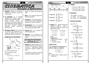 FÍSICAFÍSICAFÍSICAFÍSICA LIC. JAIME A. HUACANI LUQUELIC. JAIME A. HUACANI LUQUELIC. JAIME A. HUACANI LUQUELIC. JAIME A. HUACANI LUQUE27272727
1. Definición: Estudia el movimiento
mecánico sin considerar la causa de
su movimiento.
2. El movimiento: Es la cualidad
principal de la materia, porque la
materia está en constante cambio.
Existen diversas formas de
movimiento de la materia, desde los
más simples hasta los más complejos,
tales como: movimiento mecánico,
movimiento térmico, movimiento
electrónico. etc.
3. Movimiento Mecánico: Es el cambio
de posición que experimenta un
cuerpo con respecto de otro cuerpo
denominado “cuerpo de referencia”.
ELEMENTOS DEL MOVIMIENTO
r
AX = Vector posición inicial
r
BX = Vector posición final
Del gráfico:
r
AX +
r
d =
r
BX
r
d =
r
BX -
r
AX
∴∴∴∴
r
d = ∆
r
X
Donde: ∆x
r
V =Cambio de posición del
móvil.
1.-Móvil.- Es el cuerpo que describe el
movimiento mecánico.
2.-Trayectoria.- Es el lugar geométrico
que describe el móvil al desplazarse
respecto al sistema de referencia.
3.-Desplazamiento ( d
r
).- Es el vector
que nos indica el cambio de posición
efectivo que experimenta el móvil.
4.-Distancia (d).- Es el módulo del
vector desplazamiento.
5.-Recorrido.- Es la medida de la
longitud de la trayectoria entre dos
puntos.
MOVIMIENTO RECTILÍNEO
UNIFORME (M.R.U)
1. Definición: Es aquel movimiento en el
cual el móvil describe una trayectoria
rectilínea y experimenta iguales
recorridos en iguales intervalos de
tiempo.
En todo M.R.U. la rapidez se mantiene
constante en módulo y dirección.
A
B
r
AX
r
BX
y
x
t = 0
Inicio
final : t = t
observador
Reloj
FÍSICAFÍSICAFÍSICAFÍSICA LIC. JAIME A. HUACANI LUQUELIC. JAIME A. HUACANI LUQUELIC. JAIME A. HUACANI LUQUELIC. JAIME A. HUACANI LUQUE28282828
2. Interpretación Física:
* Tramo AB: AB
AB
d 2m
= =2m/s
t 1s
* Tramo AC: AC
AC
d 4m
= =2m/s
t 2s
* Tramo AD: AD
AD
d 8m
= =2m/s
t 4s
3. Rapidez (
r
V ). Medida vectorial del
movimiento mecánico. Mide la
rapidez del cambio de posición que
experimenta un móvil.
* Ec. Vectorial * Ec. Escalar
r
r
m
d
V =
t
d
V=
t
Donde:
Unidades (S.I)
v : Módulo de la velocidad (m/s)
d : Distancia (m)
t : Intervalo de tiemp (s)
OBSERVACIÓN:
* Si la dirección del movimiento es la
misma se cumple: d = Recorrido
total
m
total
d
V =
t
Donde:
Vm : rapidez media ó rapidez sobre su
trayectoria.
4. Unidades
d m km cm
t s h s
V m/s km/h cm/s
5. Equivalencias
1 km = 1000m 1h = 60 min
1 m = 100cm 1min = 60 segundos
1 km = 105
cm 1h = 3600 segundos
6. Conversión de Rapidez
a) De:
s
m
a
h
km
18
km 5
x
h 18
= 5 m/s
36
km 5
x
h 18
= 10 m/s
* Convierte 90km/h a m/s.
b) De:
m km
a
s h
20
m 18
x
s 5
= 72 km/s
30
m 18
x
h 5
= 108 km/s
* Convierte 50m/s a km/h
t=1s t=1s
t=2s
D2m 2m 4mB CA
V = 90 x
 
 
 
5
m/s
18
V =
90x5
= 25m/s
18
V = 50 x
 
 
 
18
Km/h
5
V =
50x18
= 180Km/h
5
 