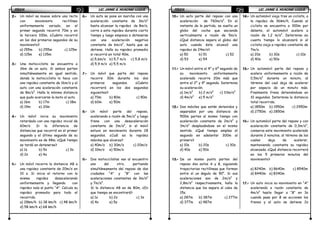 FÍSICAFÍSICAFÍSICAFÍSICA LIC. JAIME A. HUACANI LUQUELIC. JAIME A. HUACANI LUQUELIC. JAIME A. HUACANI LUQUELIC. JAIME A. HUACANI LUQUE41414141
2.2.2.2.---- Un móvil se mueve sobre una recta
con movimiento rectilíneo
uniformemente variado, en el
primer segundo recorrió 70m y en
le tercero 100m. ¿Cuánto recorrió
en los dos primeros segundos de su
movimiento?
a) 155m b) 255m c) 125m
d) 115m e) 135m
3.3.3.3.---- Una motociclista se encuentra a
36m de un auto. Si ambos parten
simultáneamente en igual sentido,
donde la motociclista lo hace con
una rapidez constante de 16m/s y el
auto con una aceleración constante
de 8m/s2
. Halla la mínima distancia
que pudo acercarse la moto al auto.
a) 16m b) 17m c) 18m
d) 19m e) 20m
4.4.4.4.---- Un móvil inicia su movimiento
retardado con una rapidez inicial de
60m/s. Si la diferencia de
distancias que recorrió en el primer
segundo y el último segundo de su
movimiento es de 48m. ¿Qué tiempo
se tardó en detenerse?
a) 1s b) 5s c) 3s
d) 2s e) 4s
5.5.5.5.---- Un móvil recorre la distancia AB a
una rapidez constante de 20m/s en
10 s. Si inicia el retorno con la
misma rapidez desacelerando
uniformemente y llegando con
rapidez nula al punto “A”. Calcula su
rapidez promedio para todo el
recorrido.
a) 28km/h b) 38 km/h c) 48 km/h
d) 58 km/h e) 68 km/h
6.6.6.6.---- Un auto se pone en marcha con una
aceleración constante de 3m/s2
hasta alcanzar la rapidez de 8m/s,
corre a esta rapidez durante cierto
tiempo y luego empieza a detenerse
con una aceleración negativa
constante de 6m/s2
, hasta que se
detiene. Halla su rapidez promedio
si recorrió en total 40m.
a) 5,6m/s b) 5,7 m/s c) 5,8 m/s
d) 5,9 m/s e) 5,5 m/s
7.7.7.7.---- Un móvil que parte del reposo
recorre 30m durante los dos
primeros segundos. ¿Cuánto
recorrerá en los dos segundos
siguientes?
a) 70m b) 80m c) 90m
d) 60m e) 50m
8.8.8.8.---- Un móvil parte del reposo,
acelerando a razón de 5m/s2
y luego
frena con una desaceleración
constante de 2m/s2
, si el móvil
estuvo en movimiento durante 28
segundos. ¿Cuál es la rapidez
máxima que alcanza?
a) 40m/s b) 30m/s c) 20m/s
d) 10m/s e) 50m/s
9.9.9.9.---- Dos motociclistas van al encuentro
uno del otro, partiendo
simultáneamente del reposo de dos
ciudades “A” y “B” con las
aceleraciones constantes de 3m/s2
y 7m/s2
.
Si la distancia AB es de 80m. ¿En
que tiempo se encontrará?
a) 1s b) 2s c) 3s
d) 4s e) 5s
FÍSICAFÍSICAFÍSICAFÍSICA LIC. JAIME A. HUACANI LUQUELIC. JAIME A. HUACANI LUQUELIC. JAIME A. HUACANI LUQUELIC. JAIME A. HUACANI LUQUE42424242
10.10.10.10.---- Un auto parte del reposo con una
aceleración de 760m/s2
. En el
instante de la partida, se suelta un
globo del coche que asciende
verticalmente a razón de 5m/s.
¿Qué distancia separa el globo del
auto cuando éste alcanzó una
rapidez de 24m/s?
a) 50 b) 51 c) 52
d) 53 e) 54
11.11.11.11.---- Un móvil entre el 4° y 6º segundo de
su movimiento uniformemente
acelerado recorre 20m más que
entre el 2° y 4° segundo. Determina
su aceleración.
a) 1m/s2
b) 2 m/s2
c) 33m/s2
d) 4m/s2
e) 5 m/s2
12.12.12.12.---- Dos móviles que están detenidos y
separados por una distancia de
500m parten al mismo tiempo con
aceleración constante de 2m/s2
y
3m/s2
desplazándose en el mismo
sentido. ¿Qué tiempo emplea el
segundo en adelantar 300m al
primero?
a) 10s b) 20s c) 30s
d) 40s e) 50s
13.13.13.13.---- De un mismo punto parten del
reposo dos autos A y B, siguiendo
trayectorias rectilíneas que forman
entre sí un ángulo de 90°. Si sus
aceleraciones son de 2m/s2
y
2,8m/s2
respectivamente, halla la
distancia que los separa al cabo de
15s.
a) 287m b) 387m c) 277m
d) 377m e) 487m
14.14.14.14.---- Un automóvil viaja tras un ciclista, a
la rapidez de 36km/h. Cuando el
ciclista se encuentra a 300m por
delante, el automóvil acelera a
razón de 1,2 m/s2
. Determina en
cuanto tiempo lo alcanzará si el
ciclista viaja a rapidez constante de
7m/s.
a) 20s b) 30s c) 10s
d) 40s e) 50s
15.15.15.15.---- Un automóvil parte del reposo y
acelera uniformemente a razón de
0,5m/s2
durante un minuto, al
término del cual deja de acelerar
por espacio de un minuto más.
Finalmente frena deteniéndose en
10 segundos. Determina la distancia
total recorrida.
a) 1850m b) 1950m c) 2950m
d) 2750m e) 2850m
16.16.16.16.---- Un automóvil parte del reposo y con
aceleración constante de 0,3m/s2
,
conserva este movimiento acelerado
durante 2 minutos, al término de los
cuales deja de acelerar,
manteniendo constante su rapidez
alcanzada. ¿Qué distancia recorrerá
en los 5 primeros minutos del
movimiento?
a) 8240m b) 8640m c) 8540m
d) 8440m e) 8340m
17.17.17.17.---- Un auto inicia su movimiento en “A”
acelerando a razón constante de
4m/s2
hasta llegar a “B” en 3s
cuando pasa por B se accionan los
frenos y el auto se detiene 2s
 