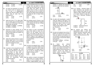 FÍSICAFÍSICAFÍSICAFÍSICA LIC. JAIME A. HUACANI LUQUELIC. JAIME A. HUACANI LUQUELIC. JAIME A. HUACANI LUQUELIC. JAIME A. HUACANI LUQUE47474747
a) 123m b) 124m c) 126m
d) 125m e) 127m
6.6.6.6.---- Un cuerpo cae libremente y se conoce
que recorre entre el momento que
toca el piso y el antepenúltimo
segundo de caída libre 300m. Halla el
tiempo total de caída libre del
cuerpo.(g=m/s2
)
a) 12s b) 13s c) 14s
d) 15s e) 16s
7.7.7.7.---- Desde qué altura “H” se debe dejar
caer un cuerpo, para que tarde 10s en
recorrer los 13/49H que le falta para
llegar al piso. (en metros)
a) 24600m b) 24500m c) 24700m
d) 24800m e) 26800m
8.8.8.8.---- Determina la altura máxima de un
objeto que al alcanzar la quinta parte
de dicha altura posee una rapidez de
20m/s. (g=10m/s2
)
a) 23m b) 24m c) 25m
d) 26m e) 22m
9.9.9.9.---- ¿Qué altura máxima alcanza un cuerpo
lanzado desde tierra, si en el último
segundo de ascenso recorre la mitad
de la altura máxima? (en pies).
a) 32 b) 42 c) 34
d) 31 e) 41
10.10.10.10.---- 2 cuerpos A y B se encuentran en una
línea vertical separados por una
distancia de 100 metros, el cuerpo A
(esta arriba) se deja caer y
simultáneamente el cuerpo B (esta
abajo) se lanza hacia arriba con una
rapidez inicial de 50m/h. ¿En que
tiempo se encontrarán dichos
cuerpos? (g=10m/s2
)
a) 2s b) 3s c) 4s
d) 5s e) N.A.
11.11.11.11.---- Desde el penúltimo piso de un edificio
se deja caer una piedra al mismo
tiempo que del último piso se lanza
hacia abajo otra piedra con una
rapidez inicial de 4m/s, la distancia
entre cada piso es de 7m. Calcula al
cabo de qué tiempo estarán separados
las piedras 3m. Dar el tiempo mínimo
(g=10m/s2
)
a) 4s b) 3s c) 2s
d) 1s e) N.A.
12.12.12.12.---- Del problema anterior Calcula en que
tiempo estarán separados por segunda
vez la distancia de 3m las 2 últimas
piedras (t máximo)
a) 1,5s b) 2,5s c) 3,5s
d) 4,5s e) N.A
13.13.13.13.---- Una piedra se lanza verticalmente
hacia arriba desde el techo de un
edifico con una rapidez inicial de
30m/s, otra piedra se deja caer 4s
después que se ha lanzado la primera.
Halla el tiempo en que después de
soltar la segunda se encuentran ambas
a la misma altura.
g=10m/s2
a) 2s b) 4s c) 6s
d) 8s e) N.A.
14.14.14.14.---- Se lanzan verticalmente hacia arriba
2 cuerpos con la misma rapidez inicial
de 100m/s. Después de cuanto tiempo
se encontrarán a la misma altura si
una se lanza 4s después de haber
lanzado la primera. g=m/s2
.
a) 15s b) 14s c) 13s
d) 12s e) N.A.
15.15.15.15.---- Dos piedras se lanzan verticalmente
hacia arriba y en el mismo instante ,
desde A y B con rapideces de 15 y
22,5m/s respectivamente, para que
FÍSICAFÍSICAFÍSICAFÍSICA LIC. JAIME A. HUACANI LUQUELIC. JAIME A. HUACANI LUQUELIC. JAIME A. HUACANI LUQUELIC. JAIME A. HUACANI LUQUE48484848
instante “t” después del lanzamiento
estarán al mismo nivel las 2 piedras.
a) 1s b) 2s c) 3s
d) 4s e) N.A.
16.16.16.16.---- Un globo está ascendiendo y cuando
tiene una rapidez de 48 pies/s y se
encuentra a una altura de 128 pies, se
lanza hacia abajo un lastre con una
rapidez de 16 pies/s. ¿En cuánto
tiempo el lastre llegará al suelo?
(g = 32 pies/s2
)
a) 3s b) 6s c) 2s
d) 1s e) 4s
17.17.17.17.---- Se lanza verticalmente hacia arriba 2
piedras con intervalo de 1s. la primera
tiene una rapidez de 64 pies/s y la
otra 112 pies/s. ¿A qué altura sobre el
nivel del suelo se encontrarán ambas?
(g=32 píes/s2
)
a) 61,44pies b) 48pies c) 64 pies
d) 46 pies e) N.A.
18.18.18.18.---- Se lanzan dos esferas
simultáneamente tal como se
muestra. Si la esfera lanzada desde A
alcanza como máximo una altura “h”
respectivamente del piso determina la
distancia vertical que separa la
esfera, cuando la esfera lanzada
desde B, empieza a descender.
a) h b) 2h c) 3h
d) 4h e) 5h
19.19.19.19.---- En el instante mostrado desde el
globo aerostático que asciende se
lanza un objeto hacia abajo con una
rapidez de 8m/s respecto del globo.
Si el objeto demora en pasar de A
hacia B 2s, determina V(V>8m/s;
g=10m/s2
)
a) 20m/s b) 24 m/sc) 26 m/s
d) 28m/s e) 30 m/s
20.20.20.20.---- Se muestra dos esferas que
experimentan MVCL a partir del
instante mostrado. Determina cuánto
tiempo transcurre hasta que su
separación de las esferas se a 25m.
a) 1s b) 2s c) 3s
d) 4s e) 5s
CLAVES
1) a 2) b 3) d 4) e 5) d
6) e 7) b 8) c 9) a 10) a
11) d 12) b 13) b 14) d 15) d
16) e 17) a 18) d 19) d 20) b
A
B
30m
A
B
25m
80m
V
20m/s
20m/s
100mg
15m
V
2V
h
B
A
 