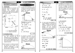 FÍSICAFÍSICAFÍSICAFÍSICA LIC. JAIME A. HUACANI LUQUELIC. JAIME A. HUACANI LUQUELIC. JAIME A. HUACANI LUQUELIC. JAIME A. HUACANI LUQUE49494949
MOVIMIENTO PARABÓLICO
I. DEFINICIÓN
Es aquel movimiento que describe una
partícula siendo su trayectoria una
parábola. Este movimiento esta
compuesto por dos movimientos simples
siendo estos el MRU (en la horizontal) y
MVCL (en la vertical)
•
→
iv = Velocidad instantánea
• Vi = Rapidez instantánea
II.CONSIDERACIONES
1) El movimiento parabólico de caída
libre esta constituido por los
movimientos en la horizontal (MRU) y
en la vertical (MVCL) desarrollándose
estas en forma independiente. Por lo
tanto cada movimiento cumple con sus
propias ecuaciones.
2) Para encontrar la rapidez que posee
una partícula en un lugar de su
trayectoria aplicaremos la suma
vectorial de las rapideces a la que
esta afectando en ese lugar.
PROBLEMAS RESUELTOS
1.1.1.1.---- La altura de un acantilado es 20m,
si desde él se lanza horizontalmente
un proyectil con 10m/s. ¿Con que
rapidez este proyectil llegará al
mar? (g = 10 m/s2
)
Solución:Solución:Solución:Solución:
Trabajando en la vertical
i) H = Vot + ½ gt2
20 = ½ (10)t2
→→→→ t = 2s
ii) Vf B = Vo + gt
Vy = 10 x 2 = 20m/s
Luego
Vi = +2 2
10 20 m/s
∴∴∴∴ Vi = 10 5
2.2.2.2.---- Un proyectil es lanzado con una
inclinación de 45°. Si su alcance
horizontal es 12m. Determina su
altura máxima. Considerar la
aceleración de la gravedad en 9,8
m/s2
y despreciar la influencia del
aire.
Solución:Solución:Solución:Solución:
10 s
m
10 s
m
20 s
m
10 s
m
Vi
10 s
m
30 s
m
5m
15m
25m
10m
10 s
m
10m
10m/s
10
Vy
Vi
20m
45°
V
V
12m
V 2
FÍSICAFÍSICAFÍSICAFÍSICA LIC. JAIME A. HUACANI LUQUELIC. JAIME A. HUACANI LUQUELIC. JAIME A. HUACANI LUQUELIC. JAIME A. HUACANI LUQUE50505050
Luego en la horizontal:
12 = V x tv .....(1)
En la vertical (M.V.C.L)
Vf = Vo - g vt
2
V = g x
12
V x 2
V2
= 6g ........(1)
Luego:
Vf2
= V0
2
– 2g Hmax
0 = 6g – 2g Hmax
∴∴∴∴ Hmax = 3m
3.3.3.3.---- Un avión vuela horizontalmente a
razón de 540km/h, y a una altura de
2000m, si sueltan una bomba que
justamente impacta en una base
enemiga. ¿A qué distancia
horizontal de la base enemiga fue
soltada la bomba? (g=10m/s2
).
Solución:Solución:Solución:Solución:
En la vertical:
H = Vot + ½ gt2
2km =
1
2
(10)t2
2000m = 5t2
t = 20s
∴∴∴∴ d = 150 x 20 = 3000m
4.4.4.4.---- La rapidez de un proyectil en el
punto más alto de su trayectoria es
10 m/s. Si además su alcance
horizontal es de 100m. ¿Cuál fue el
valor de la rapidez con la cual se
lanzó el proyectil? (g = 10 m/s2
)
aproximadamente.
Solución:Solución:Solución:Solución:
• En la horizontal:
100 = 10 x tv
→→→→ tv = 10s
Luego: ts = tb = 5s
• En la vertical: (En la subida)
Vf = Vy – gts →→→→ Vy = 50m/s
→→→→ V = + = +2 2
10 10 1 25yV
∴∴∴∴ V = ≈10 26 51m/s
5.5.5.5.---- En la figura halla “d” :
d
2 km = 2000m
540km/h = 150m/s
Base
10m/s
Vy
100m
V
10m/s
V=10m/s
80m
d
 