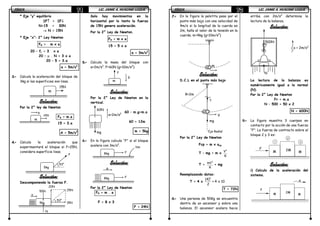FÍSICAFÍSICAFÍSICAFÍSICA LIC. JAIME A. HUACANI LUQUELIC. JAIME A. HUACANI LUQUELIC. JAIME A. HUACANI LUQUELIC. JAIME A. HUACANI LUQUE71717171
* Eje “y” equilibrio
ΣΣΣΣF↑↑↑↑ = ΣΣΣΣF↓↓↓↓
N+15 = 30N
→→→→ N = 15N
* Eje “x”: 2° Ley Newton
FR = m x a
20 – fr = 3 x a
20 – µ . N = 3 x a
20 – 5 = 3.a
a = 5m/s2
3.3.3.3.---- Calcula la aceleración del bloque de
3kg si las superficies son lisas.
Solución:Solución:Solución:Solución:
Por la 2° ley de Newton
FR = m.a
15 = 3.a
A = 5m/s2
4.4.4.4.---- Calcula la aceleración que
experimentará el bloque si F=25N,
considera superficie lisas.
Solución:Solución:Solución:Solución:
Descomponiendo la fuerza F.
Solo hay movimientos en la
horizontal por lo tanto la fuerza
de 15N genera aceleración.
Por la 2° Ley de Newton.
FR = m x a
15 = 5 x a
a = 3m/s2
5.5.5.5.---- Calcula la masa del bloque con
a=2m/s2
. F=60N (g=10m/s2
)
Solución:Solución:Solución:Solución:
Por la 2° Ley de Newton en la
vertical.
60 – m.g=m.a
60 = 12m
m = 5kg
6.6.6.6.---- En la figura calcula “F” si el bloque
acelera con 3m/s2
.
Solución:Solución:Solución:Solución:
Por la 2° Ley de Newton
FR = m . a
F = 8 x 3
F = 24N
m
15N
m
15N
a
53°
F
5kg
mg
60N
a=2m/s2
m
g
F
8kg F
liso
8kg F
a
53°
5kg
a
N
50N 25N
15N
20N
FÍSICAFÍSICAFÍSICAFÍSICA LIC. JAIME A. HUACANI LUQUELIC. JAIME A. HUACANI LUQUELIC. JAIME A. HUACANI LUQUELIC. JAIME A. HUACANI LUQUE72727272
7.7.7.7.---- En la figura la pelotita pasa por el
punto más bajo con una velocidad de
4m/s si la longitud de la cuerda es
2m, halla el valor de la tensión en la
cuerda. m=4kg (g=10m/s2
)
Solución:Solución:Solución:Solución:
D.C.L en el punto más bajo
Por la 2° Ley de Newton
Fcp = m x acp
T – mg = m x
2
V
R
T =
2
mV
R
+ mg
Reemplazando datos:
T = 4 x
2
(4)
+ 4 x 10
2
T = 72N
8.8.8.8.---- Una persona de 50Kg se encuentra
dentro de un ascensor y sobre una
balanza. El ascensor acelera hacia
arriba con 2m/s2
determina la
lectura de la balanza.
Solución:Solución:Solución:Solución:
La lectura de la balanza es
numéricamente igual a la normal
(N).
Por la 2° Ley de Newton
Fr = m.a
N – 500 = 50 x 2
N = 600N
9.9.9.9.---- La figura muestra 3 cuerpos en
contacto por la acción de una fuerza
“F”. La fuerza de contracto sobre el
bloque 2 y 3 es:
Solución:Solución:Solución:Solución:
i) Calculo de la aceleración del
sistema.
m
T
mg
V
Eje Radial
R=2m
500N
N
a = 2m/s2
M
1
2
3
2M
M
F
M
2M
M
F
a
 