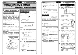 FÍSICAFÍSICAFÍSICAFÍSICA LIC. JAIME A. HUACANI LUQUELIC. JAIME A. HUACANI LUQUELIC. JAIME A. HUACANI LUQUELIC. JAIME A. HUACANI LUQUE77777777
TRABAJO MECÁNICO (W)
CONCEPTO DE TRABAJO.
Por propia experiencia sabemos que
necesitamos fuerza para alterar la
rapidez de un objeto, para vencer el
rozamiento, para comprimir un resorte,
para moverse en contra de la gravedad;
en cada caso debe realizarse trabajo. El
trabajo es siempre vencer una
resistencia.
Por lo que podemos decir que:
Trabajo es la facultad que tienen las
fuerzas para generar movimiento
venciendo siempre una resistencia, sea
esta una fuerza o bien la propia inercia
de los cuerpos.
Sólo habrá trabajo sobre un cuerpo si
este se desplaza a lo largo de la línea de
acción de la fuerza aplicada.
TRABAJO REALIZADO POR UNA
FUERZA CONSTANTE
Es decir si “F” no cambia su módulo,
dirección y sentido.
CASOS:
1. Si “F” es paralela al desplazamiento
r
d y actúa a favor del movimiento, el
trabajo “W” es positivo.
TRABAJO MOTRIZ
2. Si “F” es paralela al desplazamiento
r
d y actúa contra el movimiento, el
trabajo “W” es negativo.
TRABAJO RESISTIVO
Ahora te explicaré
que es ……
DISTANCIA
Fuerza
d
F
α
W = F (Cos αααα)d
F
αααα = 0
d
W = F d
F
d
αααα = 180º
W = - F
FÍSICAFÍSICAFÍSICAFÍSICA LIC. JAIME A. HUACANI LUQUELIC. JAIME A. HUACANI LUQUELIC. JAIME A. HUACANI LUQUELIC. JAIME A. HUACANI LUQUE78787878
F
3. Si “F” es perpendicular al
desplazamiento d, el trabajo es nulo.
TRABAJO NULO
TRABAJO NETO
Conocido también como trabajo total, es
la suma de los trabajos de cada una de
las fuerzas que actúan sobre el cuerpo
para un desplazamiento determinado.
FR = FUERZA RESULTANTE
CASOS:
a) Si WNETO es positivo, el movimiento
es acelerado.
b) Si WNETO es cero, el movimiento es
uniforme, o el cuerpo se encuentra en
reposo.
c) Si WNETO es negativo, el movimiento
es retardado o desacelerado.
PROBLEMAS PROPUESTOS
1.1.1.1.---- Hallar el trabajo efectuado por “F”
F = 20N
a) 160 J b) 120 c) 80
d) 140 e) 100
2.2.2.2.---- Halle el trabajo de la fuerza “F”
F = 60N α = 37º
a) 160J b) 120 c) 80
d) 140 e) 100
3.3.3.3.---- En la figura mostrada. ¿Qué trabajo
realiza Beto para subir el paquete
de 8 kg hasta una altura de 5m con
velocidad constante?
(g = 10 m/s2
)
a) 130 J
b) 240
c) 400
d) 280
e) 540
4.4.4.4.---- Calcular el trabajo de la fuerza “F”
el cuerpo se desplaza 3m en la
misma dirección de la fuerza F”.
R = 5N F = 20N
a) 10J b) 120 c) 80
d) 60 e) 70
αααα = 90º
d
F
W = 0
N
F1F2
mg d
WNETO = FR .d
F
8m
 