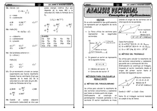 FÍSICAFÍSICAFÍSICAFÍSICA LIC. JAIME A. HUACANI LUQUELIC. JAIME A. HUACANI LUQUELIC. JAIME A. HUACANI LUQUELIC. JAIME A. HUACANI LUQUE17171717
14.14.14.14.---- Calcula : [z]
Z = PK +
x
p - y
y → masa
k → aceleración
a) M b) MLT-2
c) LT-2
d) 1 e) LT
15.15.15.15.---- Halla [N] :
N = Ke2
(bc – a2
)
a → diámetro
e → adimensional
k → presión
a) LT-2
b) LT c) LT-1
d) L e) MLT-2
16.16.16.16.---- Del problema anterior si :
(c→ altura )
Halla [b]
a) L b) L-1
c) L3
d) L2
e) L-2
17.17.17.17.---- En un movimiento circular un cuerpo
experimenta una fuerza resultante
llamada fuerza centrípeta (fcp) que
depende de la masa (m) de la
velocidad (v) y del radio de giro (R).
Halla las fórmulas de la fcp.
a) MVR b)
2
MV
R
c) MR
d)
MV
R
e) MV2
18.18.18.18.---- Cuando un cuerpo adquiere
movimiento (velocidad) se dice que
posee energía cinética (Ek) que
depende de la masa (M) y la
velocidad (V). Halla la fórmula de la
EK.
( [ Ek ] = ML2
T-2
)
a)
MV
2
b)
2
MV
2
c)
3
MV
2
d)
M
2
e)
2
V
2
CLAVES
1)a 2)d 3)a 4)c 5)b
6)a 7)a 8)a 9)a 10)a
11)c 12)b 13)c 14)b 15)e
16)a 17)b 18)b
FÍSICAFÍSICAFÍSICAFÍSICA LIC. JAIME A. HUACANI LUQUELIC. JAIME A. HUACANI LUQUELIC. JAIME A. HUACANI LUQUELIC. JAIME A. HUACANI LUQUE18181818
VECTOR
Es un ente matemático que gráficamente
se representa por un segmento de recta
orientado.
• La física utiliza los vectores para
representar las magnitudes
vectoriales.
• En general un vector se representa
de la siguiente forma.
A = A θ∠
A = Módulo del vector A
θ = Dirección del vector A
MÉTODOS PARA CALCULAR LA
RESULTANTE
a) MÉTODO DEL PARALELOGRAMO
Se utiliza para calcular la resultante de
dos vectores concurrentes y coplanares
que tienen un mismo punto de origen.
Gráficamente se construye un
paralelogramo trazando paralelas a los
vectores. El vector resultante se traza
uniendo el origen de los vectores con la
intercepción de las paralelas.
Módulo de R:
Casos Particulares:
a) Si α=0°(A↑↑B) R = A + B = Rmáxima
b) Si α=180°(A↑↓B) R = A – B = Rmínima
c) Si α = 90° (A B) R = 2 2
A +B
b) MÉTODO DEL TRIÁNGULO
Se utiliza para calcular la resultante de
dos vectores concurrentes y coplanares
que están uno a continuación del otro.
Gráficamente se construye un triángulo,
trazando el vector resultante desde el
origen del primer vector hasta el
extremo del segmento vector.
Donde β = 180° - α. Cosβ= -Cosα
Nota: En el triángulo vectorial también
se cumple la ley de Senos.
Línea de acción
Dirección
Módulo A
r
Módulo de Origen
Direcciónθ
A
r
y
x
Vector resultante:
R = A+B
r rrα
A
r
R
r
B
r
R2
= A2
+ B2
+ 2ABCosα
β
R
r
A
r
B
r
Vector resultante:
R
r
= B
r
+ A
r
= A
r
+B
r
Módulo de R
r
R2
=A2
+B2
–2ABCos β
 