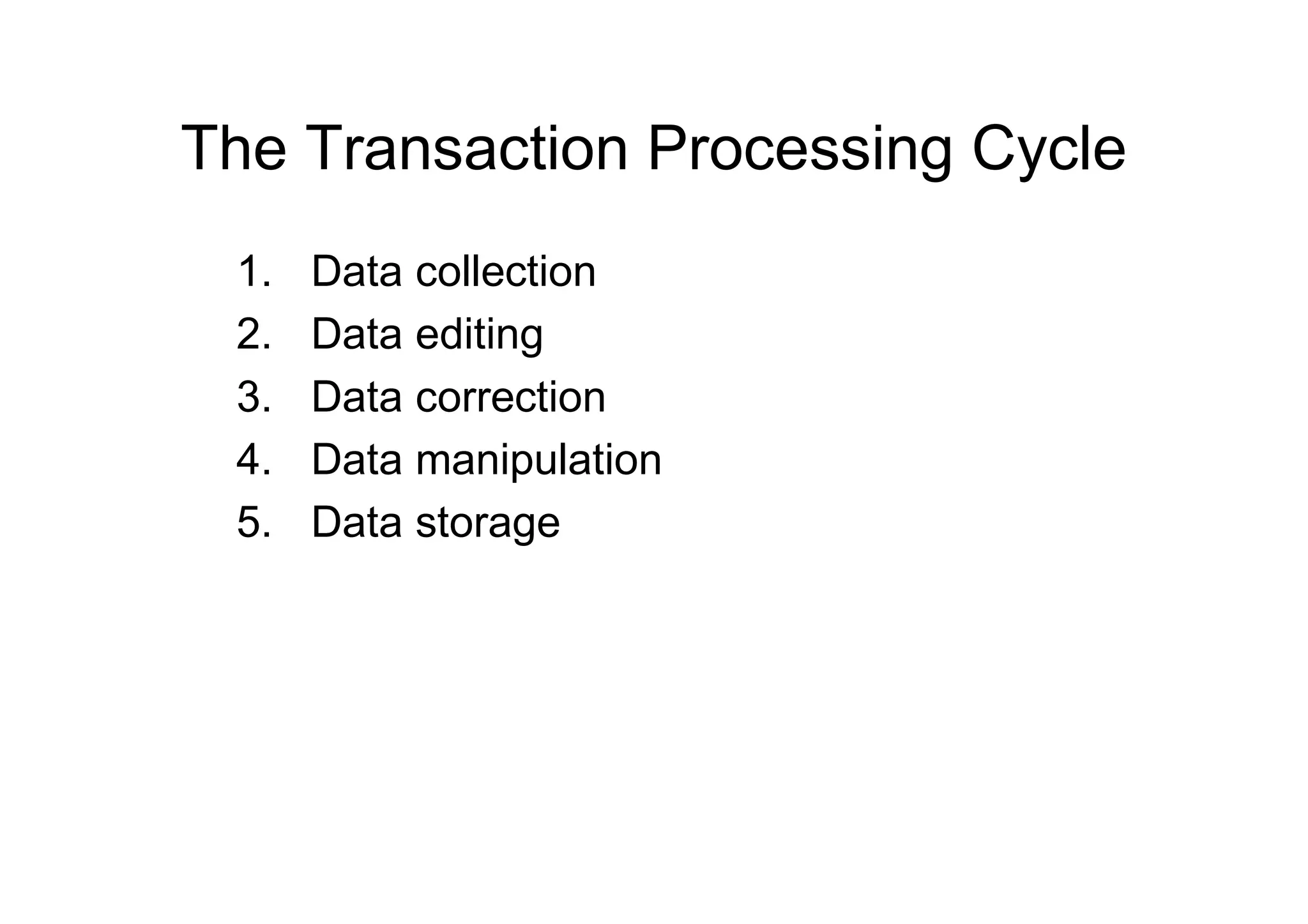 The Transaction Processing Cycle
1. Data collection
2. Data editing
3. Data correction
4. Data manipulation
5. Data storage
 