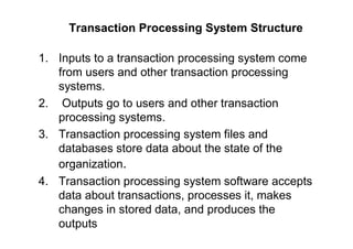 1. Inputs to a transaction processing system come
from users and other transaction processing
systems.
2. Outputs go to users and other transaction
processing systems.
3. Transaction processing system files and
databases store data about the state of the
organization.
4. Transaction processing system software accepts
data about transactions, processes it, makes
changes in stored data, and produces the
outputs
Transaction Processing System Structure
 