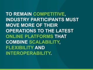 TO REMAIN COMPETITIVE,
INDUSTRY PARTICIPANTS MUST
MOVE MORE OF THEIR
OPERATIONS TO THE LATEST
ONLINE PLATFORMS THAT
COMBINE SCALABILITY,
FLEXIBILITY AND
INTEROPERABILITY.
 
