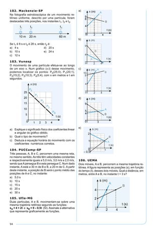 94
102. Mackenzie-SP
Na fotograﬁa estroboscópica de um movimento re-
tilíneo uniforme, descrito por uma partícula, foram
destacadas três posições, nos instantes t1, t2 e t3.
Se t1 é 8 s e t3 é 28 s, então t2 é:
a) 4 s d) 20 s
b) 10 s e) 24 s
c) 12 s
103. Vunesp
O movimento de uma partícula efetua-se ao longo
de um eixo x. Num gráﬁco (x,t) desse movimento,
podemos localizar os pontos: P0(25;0), P1(20;1),
P2(15;2), P3(10;3), P4(5;4), com x em metros e t em
segundos.
a) Explique o signiﬁcado físico dos coeﬁcientes linear
e angular do gráﬁco obtido.
b) Qual o tipo de movimento?
c) Deduza a equação horária do movimento com os
coeﬁcientes numéricos corretos.
104. PUCCamp-SP
Três pessoas, A, B e C, percorrem uma mesma reta,
no mesmo sentido.As três têm velocidades constantes
e respectivamente iguais a 5,0 m/s, 3,0 m/s e 2,0 m/s,
sendo queApersegue B e esta persegue C. Num dado
instante, A está a 30 m de B e B, a 20 m de C. A partir
deste instante, a posição de B será o ponto médio das
posições de A e C, no instante:
a) 5,0 s
b) 10 s
c) 15 s
d) 20 s
e) 30 s
105. Ufla-MG
Duas partículas, A e B, movimentam-se sobre uma
mesma trajetória retilínea segundo as funções:
sA = 4 + 2t e sB = 9 – 0,5t (SI). Assinale a alternativa
que representa graﬁcamente as funções.
a)
b)
c)
d)
e)
106. UEMA
Dois móveis, A e B, percorrem a mesma trajetória re-
tilínea. A ﬁgura representa as posições (s), em função
do tempo (t), desses dois móveis. Qual a distância, em
metros, entre A e B, no instante t = 3 s?
 