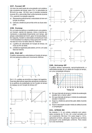 113
PV2D-07-FIS-14
237. Fuvest-SP
Um trem de metrô parte de uma estação com acelera-
ção constante até atingir, após 10 s, a velocidade de
90 km/h (ou seja, 25 m/s), que é mantida constante
durante 30 s, para então frear uniformemente durante
10 s, parando na estação seguinte.
a) Represente graﬁcamente a velocidade do trem em
função do tempo.
b) Calcule a distância percorrida entre as duas esta-
ções.
238. Vunesp
Em um teste de esforço e resistência em uma esteira,
um homem, saindo do repouso, inicia a marcha au-
mentando a velocidade linearmente com tempo, até
atingir a velocidade de 5 km/h, após 12 minutos (fase I).
Em seguida, mantém a velocidade constante por mais
12 minutos(fase II) e depois a reduz para zero na mes-
ma taxa do início do teste (fase III). Pede-se:
a) o gráﬁco da velocidade em função do tempo, do
início ao ﬁm do teste.
b) a distância registrada pela esteira, em km, em cada
fase da marcha.
239. PUC-SP
O gráﬁco representa a velocidade em função do tempo
de uma pequena esfera em movimento retilíneo.
Em t = 0, a esfera se encontra na origem da trajetória.
Qual das alternativas seguintes apresenta corretamen-
te os gráﬁcos da aceleração (a) em função do tempo
do espaço (s) em função do tempo (t)?
a)
b)
c)
d)
e)
240. Unicamp-SP
O gráﬁco abaixo representa, aproximadamente, a
velocidade escalar de um atleta em função do tempo,
em uma competição olímpica.
a) Em que intervalo de tempo o módulo da aceleração
escalar tem o menor valor?
b) Em que intervalo de tempo o módulo da aceleração
escalar é máximo?
c) Qual é a distância percorrida pelo atleta durante
os 20 s?
d) Qual a velocidade escalar média do atleta durante
a competição?
241. UFRGS-RS
No instante t = 0, um ciclista, andando com veloci-
dade constante de 10 m/s, vê o sinal vermelho em
um cruzamento. Ele leva 1,0 s para reagir e 4,0 s,
aplicando os freios , até parar. Suponha que os freios
provoquem uma aceleração uniforme. Para esses
5,0 s de movimento:
 