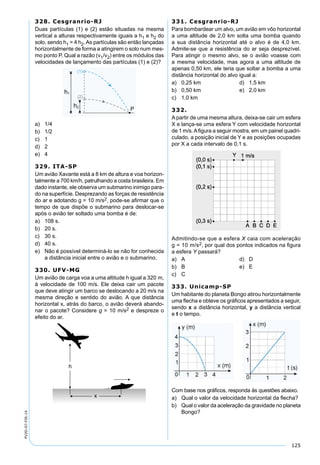 125
PV2D-07-FIS-14
328. Cesgranrio-RJ
Duas partículas (1) e (2) estão situadas na mesma
vertical a alturas respectivamente iguais a h1 e h2 do
solo, sendo h1 = 4 h2.As partículas são então lançadas
horizontalmente de forma a atingirem o solo num mes-
mo ponto P. Qual a razão (v1/v2) entre os módulos das
velocidades de lançamento das partículas (1) e (2)?
a) 1/4
b) 1/2
c) 1
d) 2
e) 4
329. ITA-SP
Um avião Xavante está a 8 km de altura e voa horizon-
talmente a 700 km/h, patrulhando a costa brasileira. Em
dado instante, ele observa um submarino inimigo para-
do na superfície. Desprezando as forças de resistência
do ar e adotando g = 10 m/s2, pode-se aﬁrmar que o
tempo de que dispõe o submarino para deslocar-se
após o avião ter soltado uma bomba é de:
a) 108 s.
b) 20 s.
c) 30 s.
d) 40 s.
e) Não é possível determiná-lo se não for conhecida
a distância inicial entre o avião e o submarino.
330. UFV-MG
Um avião de carga voa a uma altitude h igual a 320 m,
à velocidade de 100 m/s. Ele deixa cair um pacote
que deve atingir um barco se deslocando a 20 m/s na
mesma direção e sentido do avião. A que distância
horizontal x, atrás do barco, o avião deverá abando-
nar o pacote? Considere g = 10 m/s2 e despreze o
efeito do ar.
331. Cesgranrio-RJ
Para bombardear um alvo, um avião em vôo horizontal
a uma altitude de 2,0 km solta uma bomba quando
a sua distância horizontal até o alvo é de 4,0 km.
Admite-se que a resistência do ar seja desprezível.
Para atingir o mesmo alvo, se o avião voasse com
a mesma velocidade, mas agora a uma altitude de
apenas 0,50 km, ele teria que soltar a bomba a uma
distância horizontal do alvo igual a:
a) 0,25 km d) 1,5 km
b) 0,50 km e) 2,0 km
c) 1,0 km
332.
A partir de uma mesma altura, deixa-se cair um esfera
X e lança-se uma esfera Y com velocidade horizontal
de 1 m/s.Aﬁgura a seguir mostra, em um painel quadri-
culado, a posição inicial de Y e as posições ocupadas
por X a cada intervalo de 0,1 s.
Admitindo-se que a esfera X caia com aceleração
g = 10 m/s2, por qual dos pontos indicados na ﬁgura
a esfera Y passará?
a) A d) D
b) B e) E
c) C
333. Unicamp-SP
Um habitante do planeta Bongo atirou horizontalmente
uma ﬂecha e obteve os gráﬁcos apresentados a seguir,
sendo x a distância horizontal, y a distância vertical
e t o tempo.
Com base nos gráﬁcos, responda às questões abaixo.
a) Qual o valor da velocidade horizontal da ﬂecha?
b) Qual o valor da aceleração da gravidade no planeta
Bongo?
 