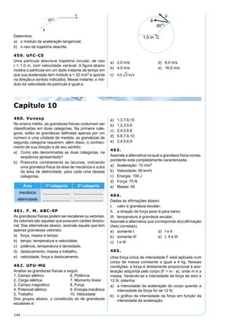 144
Determine:
a) o módulo da aceleração tangencial;
b) o raio da trajetória descrita.
459. UFC-CE
Uma partícula descreve trajetória circular, de raio
r = 1,0 m, com velocidade variável. A ﬁgura abaixo
mostra a partícula em um dado instante de tempo em
que sua aceleração tem módulo a = 32 m/s2 e aponta
na direção e sentido indicados. Nesse instante, o mó-
dulo da velocidade da partícula é igual a:
a) 2,0 m/s d) 8,0 m/s
b) 4,0 m/s e) 16,0 m/s
c)
460. Vunesp
No ensino médio, as grandezas físicas costumam ser
classiﬁcadas em duas categorias. Na primeira cate-
goria, estão as grandezas deﬁnidas apenas por um
número e uma unidade de medida; as grandezas de
segunda categoria requerem, além disso, o conheci-
mento de sua direção e de seu sentido.
a) Como são denominadas as duas categorias, na
seqüência apresentada?
b) Preencha corretamente as lacunas, indicando
uma grandeza física da área de mecânica e outra
da área de eletricidade, para cada uma dessas
categorias.
Área 1ª categoria 2ª categoria
mecânica
eletricidade
461. F. M. ABC-SP
As grandezas físicas podem ser escalares ou vetoriais.
As vetoriais são aquelas que possuem caráter direcio-
nal. Das alternativas abaixo, assinale aquela que tem
apenas grandezas vetoriais:
a) força, massa e tempo.
b) tempo, temperatura e velocidade.
c) potência, temperatura e densidade.
d) deslocamento, massa e trabalho.
e) velocidade, força e deslocamento.
462. UFU-MG
Analise as grandezas físicas a seguir.
1. Campo elétrico 6. Potência
2. Carga elétrica 7. Momento linear
3. Campo magnético 8. Força
4. Potencial elétrico 9. Energia mecânica
5. Trabalho 10. Velocidade
Dos grupos abaixo, o constituído só de grandezas
escalares é:
a) 1,3,7,8,10
b) 1,2,3,5,6
c) 2,4,5,6,8
d) 5,6,7,8,10
e) 2,4,5,6,9
463.
Assinale a alternativa na qual a grandeza física corres-
pondente está completamente caracterizada.
a) Aceleração: 10 m/s2
b) Velocidade: 50 km/h
c) Energia: 100 J
d) Força: 75 N
e) Massa: 85
464.
Dadas as aﬁrmações abaixo:
I. calor é grandeza escalar;
II. a direção da força peso é para baixo;
III. temperatura é grandeza escalar;
Assinale a alternativa que corresponde à(s) aﬁrmação
(ões) correta(s).
a) somente I d) I e II
b) somente III e) I, II e III
c) I e III
465.
Uma força única de intensidade F está aplicada num
corpo de massa constante e igual a 4 kg. Nessas
condições, a força é diretamente proporcional à ace-
leração adquirida pelo corpo (F = m · a), onde m é a
massa. Variando-se a intensidade da força de zero a
12 N, obtenha:
a) a intensidade da aceleração do corpo quando a
intensidade da força for de 12 N;
b) o gráﬁco da intensidade da força em função da
intensidade da aceleração.
Capítulo 10
 