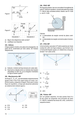 70
a) Algum dos diagramas está correto?
b) Justiﬁque sua resposta.
24. Udesc
A ﬁgura abaixo mostra uma placa de propaganda, de
peso 20 N, sustentada por dois cabos, de massas
desprezíveis.
a) Calcule o módulo da força tensora em cada cabo.
b) Qual seria a relação entre os módulos das trações
calculadas no item (a), se os ângulos mostrados
na ﬁgura fossem iguais?
25. Mackenzie-SP
As forças ,de intensidades respectivamente
iguais a 10 N, 11 N e 10 N, agem sobre um corpo, con-
forme mostra o desenho a seguir. Para que o corpo
ﬁque em equilíbrio, a força que devemos adicionar
ao sistema terá módulo igual a:
a) 6 N d) 3 N
b) 5 N e) 2 N
c) 4 N
26. PUC-SP
No esquema abaixo, tem-se uma esfera homogênea de
peso P= 80 N em equilíbrio, comprimida pela força radial
F = 200 N. Não considere atritos. Dados: sen θ = 0,80
e cos θ = 0,60.
Calcule:
a) a intensidade da reação normal do plano verti-
cal;
b) a intensidade da reação normal do plano horizon-
tal.
27. ITA-SP
Uma luminária cujo peso é P está suspensa por duas
cordas AC e BC (ver ﬁgura abaixo), que formam com
a horizontal ângulos iguais a θ. Determine a força de
tensão T em cada corda.
a)
b)
c)
d)
e) zero
28. Fatec-SP
Em um ginásio esportivo, há dois pontos ﬁxos A e
B aos quais se suspende uma luminária de peso
P = 600 N, mediante ﬁos leves AC e BC, conforme o
esquema anexo.
 