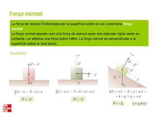 Força normal
Exemples:
La força de reacció efectuada per la superfície sobre el cos s’anomena força
normal.
La força normal apareix com una força de reacció quan dos objectes rígids estan en
contacte i un efectua una força sobre l’altre. La força normal és perpendicular a la
superfície sobre la qual actua.

N
 