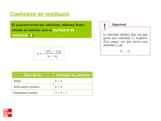 Coeficient de restitució
El quocient entre les velocitats relatives finals i
inicials es defineix com a coeficient de
restitució (k).
 