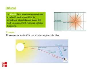 Difusió
La difusió és el fenomen segons el qual
la radiació electromagnètica és
parcialment absorbida pels àtoms del
medi i, posteriorment, reemesa en totes
direccions.
Exemple:
El fenomen de la difusió fa que el cel es vegi de color blau:
 