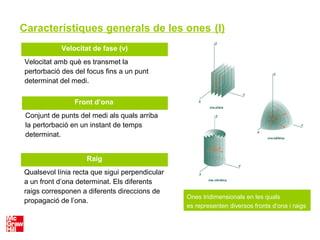 Característiques generals de les ones (I)
Velocitat de fase (v)
Velocitat amb què es transmet la
pertorbació des del focus fins a un punt
determinat del medi.
Front d’ona
Conjunt de punts del medi als quals arriba
la pertorbació en un instant de temps
determinat.
Raig
Qualsevol línia recta que sigui perpendicular
a un front d’ona determinat. Els diferents
raigs corresponen a diferents direccions de
propagació de l’ona.
Ones tridimensionals en les quals
es representen diversos fronts d’ona i raigs
 