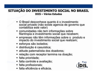 SITUAÇÃO DO INVESTIMENTO SOCIAL NO BRASIL
                IDIS – Vários Estudos


     O Brasil desconhece quanto é o investimento
     social privado (não existe agencia de governo que
     contabiliza este valor)
     comunidades não tem informações sobre
     filantropia e investimento social que recebem;
     empresas não têm informações sobre o produto e
     impacto do investimento social que realizam;
     esforços são isolados;
     distribuição é casuística;
     atitude paternalístia dos doadores;
     relação com receptor termina na doação;
     falta prioridade;
     falta controle e avaliação;
     falta profissionais;
     falta eficiência e eficácia.
 