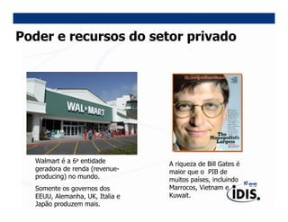 Poder e recursos do setor privado




  Walmart é a 6a entidade        A riqueza de Bill Gates é
  geradora de renda (revenue-    maior que o PIB de
  producing) no mundo.           muitos países, incluindo
  Somente os governos dos        Marrocos, Vietnam e
  EEUU, Alemanha, UK, Italia e   Kuwait.
  Japão produzem mais.
 
