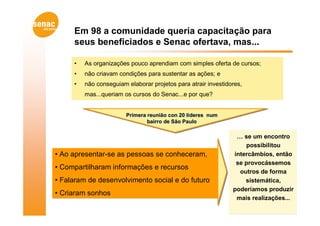 Em 98 a comunidade queria capacitação para
     seus beneficiados e Senac ofertava, mas...

     •   As organizações pouco aprendiam com simples oferta de cursos;
     •   não criavam condições para sustentar as ações; e
     •   não conseguiam elaborar projetos para atrair investidores,
         mas...queriam os cursos do Senac...e por que?


                        Primera reunião con 20 líderes num
                                bairro de São Paulo

                                                                … se um encontro
                                                                   possibilitou
• Ao apresentar-se as pessoas se conheceram,                   intercâmbios, então
                                                                se provocássemos
• Compartilharam informações e recursos
                                                                 outros de forma
• Falaram de desenvolvimento social e do futuro                    sistemática,
                                                               poderíamos produzir
• Criaram sonhos
                                                                mais realizações...
 