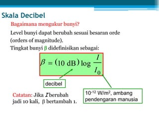 Skala Decibel
Level bunyi dapat berubah sesuai besaran orde
(orders of magnitude).
Tingkat bunyi didefinisikan sebagai:
10 dB log
I
I0
decibel
10-12 W/m2, ambang
pendengaran manusia
Bagaimana mengukur bunyi?
Catatan: Jika I berubah
jadi 10 kali, bertambah 1.
 