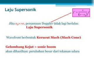 f
v
v vS
f
Jika vS>>v, persamaan Doppler tidak lagi berlaku:
Laju Supersonik
Gelombang Kejut = sonic boom
akan dihasilkan: perubahan besar dari tekanan udara
Wavefront berbentuk Kerucut Mach (Mach Cone)
Laju Supersonik
 