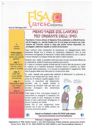 Fisac Varese Informa - Giugno 2013 - Meno tasse sul lavoro ed altro