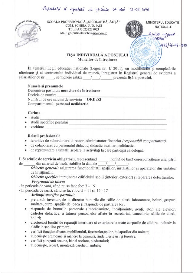 Fisa Postului Muncitor De Intretinere