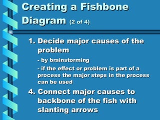 Creating a Fishbone Diagram  (2 of 4) Decide major causes of the problem - by brainstorming - if the effect or problem is part of a process the major steps in the process can be used 4. Connect major causes to backbone of the fish with slanting arrows 