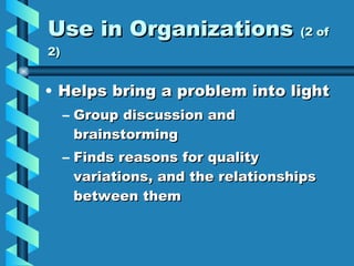 Use in Organizations  (2 of 2) Helps bring a problem into light  Group discussion and brainstorming Finds reasons for quality variations, and the relationships between them 