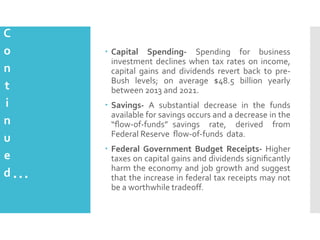 C
o
n
t
i
n
u
e
d

 Capital Spending- Spending for business
investment declines when tax rates on income,
capital gains and dividends revert back to preBush levels; on average $48.5 billion yearly
between 2013 and 2021.
 Savings- A substantial decrease in the funds
available for savings occurs and a decrease in the
“ﬂow-of-funds” savings rate, derived from
Federal Reserve ﬂow-of-funds data.

…

 Federal Government Budget Receipts- Higher
taxes on capital gains and dividends signiﬁcantly
harm the economy and job growth and suggest
that the increase in federal tax receipts may not
be a worthwhile tradeoff.

 