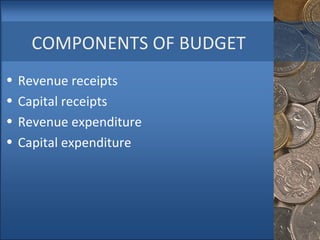 COMPONENTS OF BUDGET Revenue receipts Capital receipts Revenue expenditure Capital expenditure 