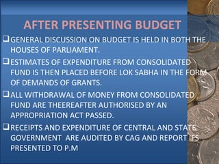 AFTER PRESENTING BUDGET GENERAL DISCUSSION ON BUDGET IS HELD IN BOTH THE HOUSES OF PARLIAMENT. ESTIMATES OF EXPENDITURE FROM CONSOLIDATED FUND IS THEN PLACED BEFORE LOK SABHA IN THE FORM OF DEMANDS OF GRANTS. ALL WITHDRAWAL OF MONEY FROM CONSOLIDATED FUND ARE THEEREAFTER AUTHORISED BY AN APPROPRIATION ACT PASSED. RECEIPTS AND EXPENDITURE OF CENTRAL AND STATE GOVERNMENT  ARE AUDITED BY CAG AND REPORT IFS PRESENTED TO P.M 