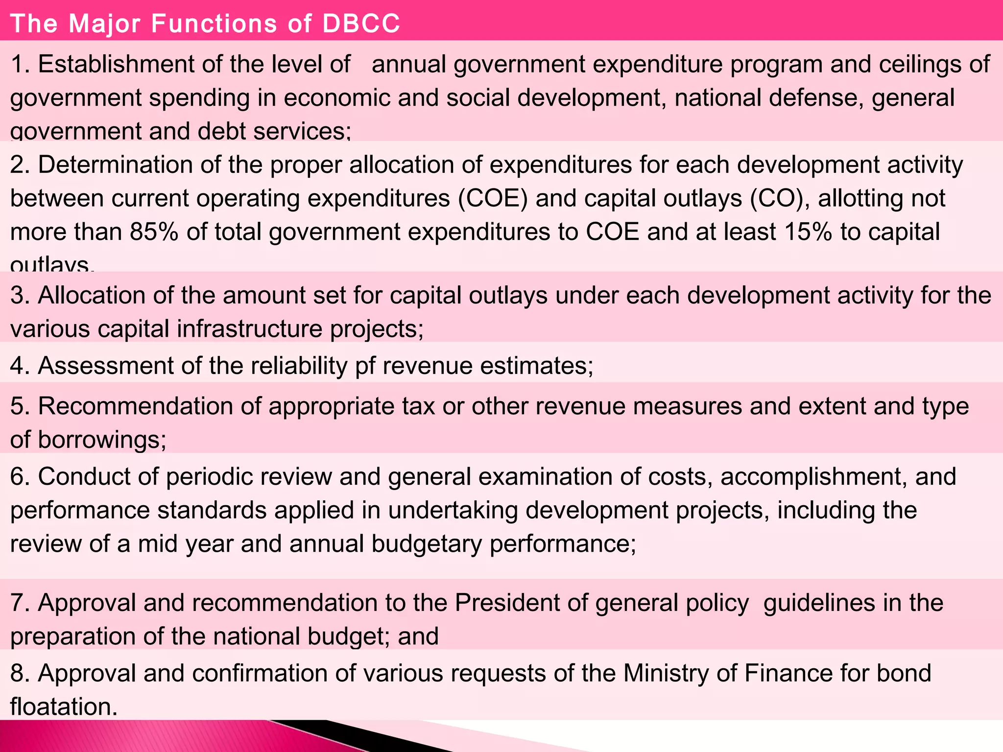 The Major Functions of DBCC
1. Establishment of the level of annual government expenditure program and ceilings of
government spending in economic and social development, national defense, general
government and debt services;
2. Determination of the proper allocation of expenditures for each development activity
between current operating expenditures (COE) and capital outlays (CO), allotting not
more than 85% of total government expenditures to COE and at least 15% to capital
outlays.
3. Allocation of the amount set for capital outlays under each development activity for the
various capital infrastructure projects;
4. Assessment of the reliability pf revenue estimates;
5. Recommendation of appropriate tax or other revenue measures and extent and type
of borrowings;
6. Conduct of periodic review and general examination of costs, accomplishment, and
performance standards applied in undertaking development projects, including the
review of a mid year and annual budgetary performance;
7. Approval and recommendation to the President of general policy guidelines in the
preparation of the national budget; and
8. Approval and confirmation of various requests of the Ministry of Finance for bond
floatation.
 