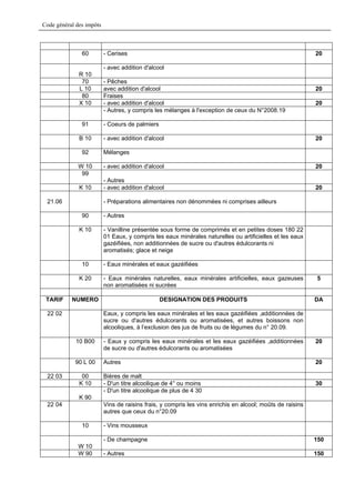 Code général des impôts



               60         - Cerises                                                                        20

                          - avec addition d'alcool
              R 10
               70         - Pêches
              L 10        avec addition d'alcool                                                           20
               80         Fraises
              X 10        - avec addition d'alcool                                                         20
                          - Autres, y compris les mélanges à l'exception de ceux du N°2008.19

               91         - Coeurs de palmiers

              B 10        - avec addition d'alcool                                                         20

               92         Mélanges

              W 10        - avec addition d'alcool                                                         20
               99
                          - Autres
              K 10        - avec addition d'alcool                                                         20

 21.06                    - Préparations alimentaires non dénommées ni comprises ailleurs

               90         - Autres

              K 10        - Vanilline présentée sous forme de comprimés et en petites doses 180 22
                          01 Eaux, y compris les eaux minérales naturelles ou artificielles et les eaux
                          gazéifiées, non additionnées de sucre ou d'autres édulcorants ni
                          aromatisés; glace et neige

               10         - Eaux minérales et eaux gazéifiées

              K 20        - Eaux minérales naturelles, eaux minérales artificielles, eaux gazeuses          5
                          non aromatisées ni sucrées

 TARIF     NUMERO                                DESIGNATION DES PRODUITS                                  DA

 22 02                    Eaux, y compris les eaux minérales et les eaux gazéifiées ,additionnées de
                          sucre ou d'autres édulcorants ou aromatisées, et autres boissons non
                          alcooliques, à l’exclusion des jus de fruits ou de légumes du n° 20.09.

             10 B00       - Eaux y compris les eaux minérales et les eaux gazéifiées ,additionnées         20
                          de sucre ou d'autres édulcorants ou aromatisées

            90 L 00       Autres                                                                           20

 22 03         00         Bières de malt
              K 10        - D'un titre alcoolique de 4° ou moins                                           30
                          - D'un titre alcoolique de plus de 4 30
              K 90
 22 04                    Vins de raisins frais, y compris les vins enrichis en alcool; moûts de raisins
                          autres que ceux du n°20.09

               10         - Vins mousseux

                          - De champagne                                                                   150
              W 10
              W 90        - Autres                                                                         150
 