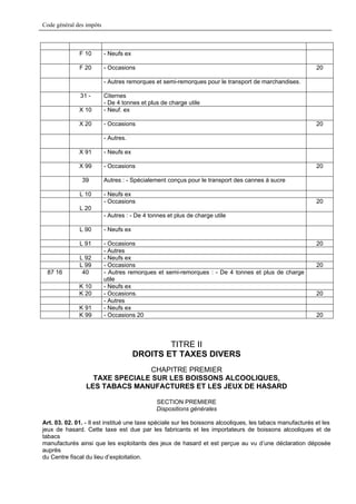 Code général des impôts



              F 10        - Neufs ex

              F 20        - Occasions                                                                      20

                          - Autres remorques et semi-remorques pour le transport de marchandises.

              31 -        Citernes
                          - De 4 tonnes et plus de charge utile
              X 10        - Neuf. ex

              X 20        - Occasions                                                                      20

                          - Autres.

              X 91        - Neufs ex

              X 99        - Occasions                                                                      20

               39         Autres : - Spécialement conçus pour le transport des cannes à sucre

              L 10        - Neufs ex
                          - Occasions                                                                      20
              L 20
                          - Autres : - De 4 tonnes et plus de charge utile

              L 90        - Neufs ex

              L 91        - Occasions                                                                      20
                          - Autres
              L 92        - Neufs ex
              L 99        - Occasions                                                                      20
 87 16         40         - Autres remorques et semi-remorques : - De 4 tonnes et plus de charge
                          utile
              K 10        - Neufs ex
              K 20        - Occasions.                                                                     20
                          - Autres
              K 91        - Neufs ex
              K 99        - Occasions 20                                                                   20




                                               TITRE II
                                       DROITS ET TAXES DIVERS
                                CHAPITRE PREMIER
                   TAXE SPECIALE SUR LES BOISSONS ALCOOLIQUES,
                 LES TABACS MANUFACTURES ET LES JEUX DE HASARD

                                              SECTION PREMIERE
                                              Dispositions générales

Art. 03. 02. 01. - Il est institué une taxe spéciale sur les boissons alcooliques, les tabacs manufacturés et les
jeux de hasard. Cette taxe est due par les fabricants et les importateurs de boissons alcooliques et de
tabacs
manufacturés ainsi que les exploitants des jeux de hasard et est perçue au vu d’une déclaration déposée
auprès
du Centre fiscal du lieu d’exploitation.
 