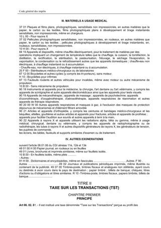 Code général des impôts


                                      III. MATERIELS A USAGE MEDICAL

37 01 Plaques et films plans, photographiques, sensibilisés non impressionnés, en autres matières que le
papier, le carton ou les textiles, films photographiques plans à développement et tirage instantanés
sensibilisés, non impressionnés, même en chargeurs.
10 L 00 - Pour rayons X
37 02 Pellicules photographiques sensibilisées, non impressionnées, en rouleaux, en autres matières que
papier, le carton ou les textiles ; pellicules photographiques à développement et tirage instantanés, en,
rouleaux, sensibilisées, non impressionnées.
10 H 00 - Pour rayons X
84 19 Appareils et dispositifs, même chauffés électriquement, pour le traitement de matières par des
opérations impliquant un changement de température telles que le chauffage, la cuisson, la torréfaction, la
distillation, la rectification, la stérilisation, la pasteurisation, l'étuvage, le séchage l'évaporation, la
vaporisation, la condensation ou le refroidissement autres que les appareils domestiques ; chauffe-eau non
électriques, à chauffage instantané ou à accumulation.
- Chauffe-eau, non électriques, à chauffage instantané ou à accumulation.
20 F 00 - Stérilisateurs médico-chirurgicaux ou de laboratoires
87 12 00 Bicyclettes et autres cycles (y compris les tri-porteurs), sans moteur.
H 10 - Bicyclettes pour infirmes
87 13 Fauteuils roulants et autres véhicules pour invalides, même avec moteur ou autre mécanisme de
propulsion.
10 B 00 - Sans mécanisme de propulsion
90 18 Instruments et appareils pour la médecine, la chirurgie, l'art dentaire ou l'art vétérinaire, y compris les
appareils de scintigraphie et autre appareils électromédicaux ainsi que les appareils pour tests visuels.
90 19 Appareils de mécanothérapie ; appareils de massage ; appareils de psychotechnie; appareils
d'ozonothérapie, d'oxygénothérapie, d'aérosolthérapie, appareils respiratoires de réanimation et autres
appareils de thérapie respiratoire.
90 20 00 W 00 Autres appareils respiratoires et masques à gaz, à l'exclusion des masques de protection
dépourvus de mécanismes et d'élèment filtrant amovible
90 21 Articles et appareils d'orthopédie, y compris les ceintures et bandages médico-chirurgicaux et les
béquilles; attelles, gouttières et autres articles et appareils pour fractures; articles et appareils de prothèse ;
appareils pour faciliter l'audition aux sourds et autres appareils à tenir à la main,
90 22 Appareils à rayons X et appareils utilisant les radiations alpha, bêta ou gamma, même à usage
médical, chirurgical, dentaire ou vétérinaire, y compris les appareils de radiophotographie ou de
radiothérapie, les tubes à rayons X et autres dispositifs générateurs de rayons X, les générateurs de tension,
les pupitres de commande,
les écrans, les tables, fauteuils et supports similaires d'examen ou de traitement.

                                         IV. AUTRES EXONERATIONS

suivant l'article 06.01.06 du CGI alinéas 11è, 12è et 13è
48 01 00 H 00 Papier journal, en rouleaux ou en feuilles
49 01 Livres, brochures et imprimés similaires, même sur feuillets isolés.
10 B 00 - En feuillets isolés, même pliés ...........
- Autres :
91 H 00 . Dictionnaires et encyclopédies, même en fascicules ...…………………………….Autres :F 90 .
Autres .........................................49 02 Journaux et publications périodiques imprimés, même illustrés ou
contenant de la publicité. 49 07 00 Timbres-poste, timbres fiscaux et analogues non oblitérés, ayant cours
ou destinés à avoir cours dans le pays de destination ; papier timbré ; billets de banque; chèques; titres
d'actions ou d'obligations et titres similaires. R 10 -Timbres-poste, timbres fiscaux, papiers timbrés, billets de
banque................................

                                       TITRE II
                           TAXE SUR LES TRANSACTIONS (TST)
                                            CHAPITRE PREMIER
                                                PRINCIPE
Art 06. 02. 01. - Il est institué une taxe dénommée "Taxe sur les Transactions" perçue au profit des
 