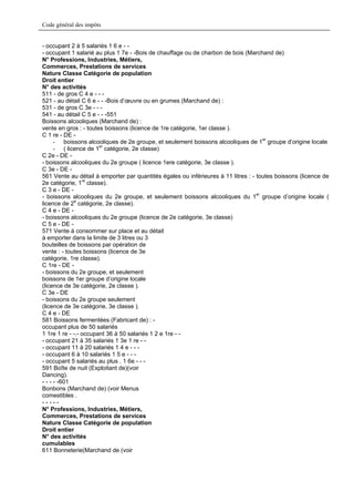 Code général des impôts


- occupant 2 à 5 salariés 1 6 e - -
- occupant 1 salarié au plus 1 7e - -Bois de chauffage ou de charbon de bois (Marchand de)
N° Professions, Industries, Métiers,
Commerces, Prestations de services
Nature Classe Catégorie de population
Droit entier
N° des activités
511 - de gros C 4 e - - -
521 - au détail C 6 e - - -Bois d’œuvre ou en grumes (Marchand de) :
531 - de gros C 3e - - -
541 - au détail C 5 e - - -551
Boissons alcooliques (Marchand de) :
vente en gros : - toutes boissons (licence de 1re catégorie, 1er classe ).
C 1 re - DE -
      - boissons alcooliques de 2e groupe, et seulement boissons alcooliques de 1er groupe d’origine locale
      - ( licence de 1er catégorie, 2e classe)
C 2e - DE -
- boissons alcooliques du 2e groupe ( licence 1ere catégorie, 3e classe ).
C 3e - DE -
561 Vente au détail à emporter par quantités égales ou inférieures à 11 litres : - toutes boissons (licence de
2e catégorie, 1re classe).
C 3 e - DE -
- boissons alcooliques du 2e groupe, et seulement boissons alcooliques du 1er groupe d’origine locale (
licence de 2e catégorie, 2e classe).
C 4 e - DE -
- boissons alcooliques du 2e groupe (licence de 2e catégorie, 3e classe)
C 5 e - DE -
571 Vente à consommer sur place et au détail
à emporter dans la limite de 3 litres ou 3
bouteilles de boissons par opération de
vente : - toutes boissons (licence de 3e
catégorie, 1re classe).
C 1re - DE -
- boissons du 2e groupe, et seulement
boissons de 1er groupe d’origine locale
(licence de 3e catégorie, 2e classe ).
C 3e - DE
- boissons du 2e groupe seulement
(licence de 3e catégorie, 3e classe ).
C 4 e - DE
581 Boissons fermentées (Fabricant de) : -
occupant plus de 50 salariés
1 1re 1 re - -.- occupant 36 à 50 salariés 1 2 e 1re - -
- occupant 21 à 35 salariés 1 3e 1 re - -
- occupant 11 à 20 salariés 1 4 e - - -
- occupant 6 à 10 salariés 1 5 e - - -
- occupant 5 salariés au plus . 1 6e - - -
591 Boîte de nuit (Exploitant de)(voir
Dancing).
- - - - -601
Bonbons (Marchand de) (voir Menus
comestibles .
-----
N° Professions, Industries, Métiers,
Commerces, Prestations de services
Nature Classe Catégorie de population
Droit entier
N° des activités
cumulables
611 Bonneterie(Marchand de (voir
 