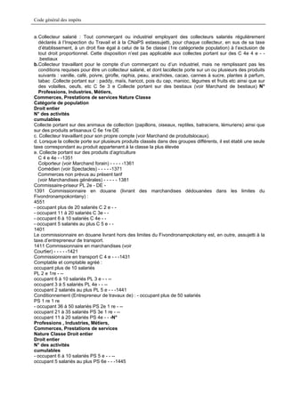 Code général des impôts


a. Collecteur salarié : Tout commerçant ou industriel employant des collecteurs salariés régulièrement
   déclarés à l’Inspection du Travail et à la CNaPS estassujetti, pour chaque collecteur, en sus de sa taxe
   d’établissement, à un droit fixe égal à celui de la 5e classe (1re catégoriede population) à l’exclusion de
   tout droit proportionnel. Cette disposition n’est pas applicable aux collectes portant sur des C 4e 4 e - -
   .bestiaux
b.Collecteur travaillant pour le compte d’un commerçant ou d’un industriel, mais ne remplissant pas les
   conditions requises pour être un collecteur salarié, et dont lacollecte porte sur un ou plusieurs des produits
   suivants : vanille, café, poivre, girofle, raphia, peau, arachides, cacao, cannes à sucre, plantes à parfum,
   tabac .Collecte portant sur : paddy, maïs, haricot, pois du cap, manioc, légumes et fruits etc ainsi que sur
   des volailles, oeufs, etc C 5e 3 e Collecte portant sur des bestiaux (voir Marchand de bestiaux) N°
   Professions, Industries, Métiers,
Commerces, Prestations de services Nature Classe
Catégorie de population
Droit entier
N° des activités
cumulables
Collecte portant sur des animaux de collection (papillons, oiseaux, reptiles, batraciens, lémuriens) ainsi que
sur des produits artisanaux C 6e 1re DE
c. Collecteur travaillant pour son propre compte (voir Marchand de produitslocaux).
d. Lorsque la collecte porte sur plusieurs produits classés dans des groupes différents, il est établi une seule
taxe correspondant au produit appartenant à la classe la plus élevée
e. Collecte portant sur des produits d’agriculture
   C 4 e 4e - -1351
   Colporteur (voir Marchand forain) - - - - -1361
  Comédien (voir Spectacles) - - - - -1371
  Commerces non prévus au présent tarif
  (voir Marchandises générales) - - - - - 1381
Commissaire-priseur PL 2e - DE -
1391 Commissionnaire en douane (livrant des marchandises dédouanées dans les limites du
Fivondronampokontany) :
4551
- occupant plus de 20 salariés C 2 e - -
- occupant 11 à 20 salariés C 3e - -
- occupant 6 à 10 salariés C 4e - -
- occupant 5 salariés au plus C 5 e - -
1401
Le commissionnaire en douane livrant hors des limites du Fivondronampokotany est, en outre, assujetti à la
taxe.d’entrepreneur de transport.
1411 Commissionnaire en marchandises (voir
Courtier) - - - - -1421
Commissionnaire en transport C 4 e - - -1431
Comptable et comptable agréé :
occupant plus de 10 salariés
PL 2 e 1re - --
occupant 6 à 10 salariés PL 3 e - - --
occupant 3 à 5 salariés PL 4e - - --
occupant 2 salariés au plus PL 5 e - - -1441
Conditionnement (Entrepreneur de travaux de) : - occupant plus de 50 salariés
PS 1 re 1 re
- occupant 36 à 50 salariés PS 2e 1 re - --
occupant 21 à 35 salariés PS 3e 1 re - --
occupant 11 à 20 salariés PS 4e - - -N°
Professions , Industries, Métiers,
Commerces, Prestations de services
Nature Classe Droit entier
Droit entier
N° des activités
cumulables
- occupant 6 à 10 salariés PS 5 e - - --
occupant 5 salariés au plus PS 6e - - -1445
 