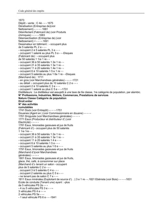 Code général des impôts


1673
Dépôt - vente : C 4è - - - 1675
Dératisation (Entreprise de)(voir
Nettoiement) - - - - - 1681
Désinfectant (Fabricant de) (voir Produits
chimiques) - - - - -1683
Désinsectisation (Entreprise de) (voir
Nettoiement) = - - - -.1691
Dessinateur en bâtiment : - occupant plus
de 5 salariés PL 2 e - - -
- occupant 2 à 5 salariés PL 3 e - - -
- occupant 1 salarié au plus PL 5 e - - -Disques
(Fabricant de) : - occupant plus
de 50 salariés 1 1re 1 re - -
- occupant 36 à 50 salariés 1 2e 1 re - -
- occupant 21 à 35 salariés 1 3e 1 re - -
- occupant 11 à 20 salariés 1 4e 1 re - -
- occupant 6 à 10 salariés 1 5 e 1 re - -
- occupant 5 salariés au plus 1 6e 1 re - -Disques
(Marchand de) : 1711
- en gros (voir Marchandises générales) - - - - -1721
- au détail :- occupant plus de 10 salariés C 2 e - - -
- occupant 2 à 10 salariés C 3 e - - -
- occupant 1 salarié au plus C 5 e - - -1731
Distillateurs : Le distillateur est assujetti à une taxe de 6e classe, 1re catégorie de population, par alambic.
N° Professions, Industries, Métiers, Commerces, Prestations de services
Nature Classe Catégorie de population
Droit entier
N° des activités
cumulables
1741 Dock (voir Entrepôt) - - - - -1751
Douanes (Agent en ) (voir Commissionnaire en douane) - - - - -
1761 Droguiste (voir Marchandises générales) - - - - -
1771 Eaux (Producteur et distributeur d’) (voir
Electricité) - - - - -
1781 Eaux, limonades gazeuses et jus de fruits
(Fabricant d’) - occupant plus de 50 salariés
1 1re 1re - -
- occupant 36 à 50 salariés 1 2e 1 re - -
- occupant 21 à 35 salariés 1 3e 1 re - -
- occupant 11 à 20 salariés 1 4 e - - -
- occupant 6 à 10 salariés 1 5 e - - -
- occupant 5 salariés au plus 1 6 e - - -
1791 Eaux, limonades gazeuses et jus de fruits
(Marchand d’)(voir Marchandises
générales) - - - - -
1801 Eaux, limonades gazeuses et jus de fruits,
glace, thé, café, à consommer sur place
(Marchand d’)- tenant un salon - occupant
plus de 5 salariés C 2 e - - -
. occupant 3 à 5 salariés C 4 e - - -
. occupant 2 salariés au plus C 5 e - - -
- ne tenant pas de salon C 7 e - - -
1811 Eaux minérales (Exploitant de source d’). . | 3 e 1 re - -.1821 Ebéniste (voir Bois) - - - - -1831
Ecole de conduite (Tenant une) ayant : -plus
de 5 véhicules PS 2e - - -
- 4 ou 5 véhicules PS 3 e - - --
3 véhicules PS 4 e - - --
2 véhicules PS 5e - - -
- 1 seul véhicule PS 6 e - - -1841
 