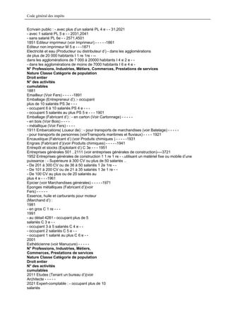 Code général des impôts


Ecrivain public : - avec plus d’un salarié PL 4 e - - 31,2021
- avec 1 salarié PL 5 e - - 2031,2041
- sans salarié PL 6e - - 2571,4501
1851 Editeur imprimeur (voir Imprimeur) - - - - -1861
Editeur non imprimeur M 5 e - - -1871
Electricité et eau (Producteur ou distributeur d’) - dans les agglomérations
de plus de 20 000 habitants I 1 re 1re - --
dans les agglomérations de 7 000 à 20000 habitants I 4 e 2 e - -
- dans les agglomérations de moins de 7000 habitants I 6 e 4 e -
N° Professions, Industries, Métiers, Commerces, Prestations de services
Nature Classe Catégorie de population
Droit entier
N° des activités
cumulables
1881
Emailleur (Voir Fers) - - - - -1891
Emballage (Entrepreneur d’) :- occupant
plus de 10 salariés PS 3e - - -
- occupant 6 à 10 salariés PS 4 e - - -
- occupant 5 salariés au plus PS 5 e - - - 1901
Emballage (Fabricant d’) : - en carton (Voir Cartonnage) - - - - -
- en bois (Voir Bois) - - - -
- métallique (Voir Fers) - - - -
1911 Embarcations( Loueur de) : - pour transports de marchandises (voir Batelage) - - - - -
- pour transports de personnes (voirTransports maritimes et fluviaux) - - - - 1921
Encaustique (Fabricant d’) (voir Produits chimiques ) - - - - -1931
Engrais (Fabricant d’)(voir Produits chimiques) - - - - -1941
Entrepôt et stocks (Exploitant d’) C 3e - - - 1951
Entreprises générales 501 , 2111 (voir entreprises générales de construction)----3721
1952 Entreprises générales de construction 1 1 re 1 re - -.utilisant un matériel fixe ou mobile d’une
puissance : - Supérieure à 300 CV ou plus de 50 salariés ..
- De 201 à 300 CV ou de 36 à 50 salariés 1 2e 1re - -
- De 101 à 200 CV ou de 21 à 35 salariés 1 3e 1 re - -
- De 100 CV au plus ou de 20 salariés au
plus 4 e - - -1961
Epicier (voir Marchandises générales) - - - - -1971
Eponges métalliques (Fabricant d’)(voir
Fers) - - - - -
Essence, huile et carburants pour moteur
(Marchand d’) :
1981
- en gros C 1 re - - -
1991
- au détail 4281 - occupant plus de 5
salariés C 3 e - -
- occupant 3 à 5 salariés C 4 e - -
- occupant 2 salariés C 5 e - -
- occupant 1 salarié au plus C 6 e - -
2001
Esthéticienne (voir Manucure) - - - - -
N° Professions, Industries, Métiers,
Commerces, Prestations de services
Nature Classe Catégorie de population
Droit entier
N° des activités
cumulables
2011 Etudes (Tenant un bureau d’)(voir
Architecte - - - - -
2021 Expert-comptable : - occupant plus de 10
salariés
 