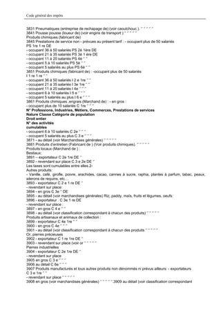 Code général des impôts


3831 Pneumatiques (entreprise de rechapage de) (voir caoutchouc ). ‘’ ‘’ ‘’ ‘’ ‘’
3841 Pousse pousse (loueur de) (voir engins de transport ) ‘’ ‘’ ‘’ ‘’ ‘’
Produits chimiques (fabricant de)
3845 Prestations de service non - prévues au présent tarif : - occupant plus de 50 salariés
PS 1re 1 re DE
- occupant 36 à 50 salariés PS 2è 1ère DE
- occupant 21 à 35 salariés PS 3è 1 ère DE
- occupant 11 à 20 salariés PS 4è ‘’ ‘’
- occupant 5 à 10 salariés PS 5è ‘’ ‘’
- occupant 5 salariés au plus PS 6è ‘’ ‘’
3851 Produits chimiques (fabricant de) : -occupant plus de 50 salariés
I 1 re 1 re ‘’ ‘’
- occupant 36 à 50 salariés I 2 e 1re ‘’ ‘’
- occupant 21 à 35 salariés I 3e 1re ‘’ ‘’
- occupant 11 à 20 salariés I 4e ‘’ ‘’ ‘’
- occupant 6 à 10 salariés I 5 e ‘’ ‘’ ‘’
- occupant 5 salariés au plus I 6 e ‘’ ‘’ ‘’
3861 Produits chimiques ,engrais (Marchand.de) : - en gros :
- occupant plus de 10 salariés C 1re ‘’ ‘’ ‘’
N° Professions, Industries, Métiers, Commerces, Prestations de services
Nature Classe Catégorie de population
Droit entier
N° des activités
cumulables
- occupant 6 à 10 salariés C 2e ‘’ ‘’ ‘’
- occupant 5 salariés au plus C 3 e ‘’ ‘’ ‘’
3871 - au détail (voir Marchandises générales) ‘’ ‘’ ‘’ ‘’ ‘’
3881 Produits d’entretien (Fabricant de ) (Voir produits chimiques). ‘’ ‘’ ‘’ ‘’ ‘’
Produits locaux (Marchand de ) :
Bestiaux:
3891 – exportateur C 2e 1re DE ‘’
3892 - revendant sur place C 3 e 2e DE ‘’
Les taxes sont cumulables entre elles.2-
Autres produits:
- Vanille, café, girofle, poivre, arachides, cacao, cannes à sucre, raphia, plantes à parfum, tabac, peaux,
ailerons de requins, etc…
3893 - exportateur C 2 e 1 re DE ‘’
- revendant sur place:
3894 - en gros C 3e ‘’ DE
3895 - au détail (voir marchandises générales) Riz, paddy, maïs, fruits et légumes, oeufs:
3896 - exportateur . C 3e 1 re DE
- revendant sur place :
3897 - en gros C 4 e ‘’ ‘’
3898 - au détail (voir classification correspondant à chacun des produits) ‘’ ‘’ ‘’ ‘’ ‘’
Produits artisanaux et animaux de collection :
3899 - exportateur C 4e 1re ‘’ ‘’
3900 - en gros C 4e ‘’ ‘’ ‘’
3901 - au détail (voir classification correspondant à chacun des produits ‘’ ‘’ ‘’ ‘’ ‘’
Or, pierres précieuses
3902 - exportateur C 1 re 1re DE ‘’
3903 - revendant sur place (voir or ‘’ ‘’ ‘’ ‘’ ‘’
Pierres industrielles
3904 - exportateur C 2e 1re DE ‘’
- revendant sur place
3905 en gros C 3 e ‘’ ‘’ ‘’
3906 au détail C 6e ‘’ ‘’ ‘’
3907 Produits manufacturés et tous autres produits non dénommés ni prévus ailleurs: - exportateurs
C 3 e 1re ‘’ ‘’
- revendant sur place ‘’ ‘’ ‘’ ‘’ ‘’
3908 en gros (voir marchandises générales) ‘’ ‘’ ‘’ ‘’ ‘’.3909 au détail (voir classification correspondant
 