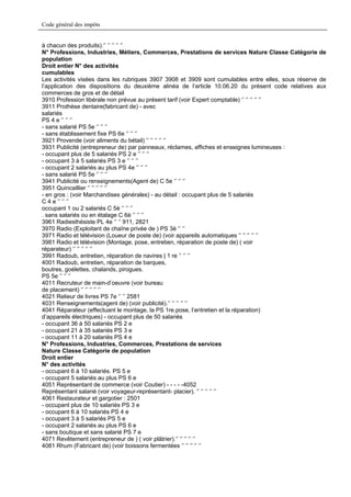 Code général des impôts


à chacun des produits).‘’ ‘’ ‘’ ‘’ ‘’
N° Professions, Industries, Métiers, Commerces, Prestations de services Nature Classe Catégorie de
population
Droit entier N° des activités
cumulables
Les activités visées dans les rubriques 3907 3908 et 3909 sont cumulables entre elles, sous réserve de
l’application des dispositions du deuxième alinéa de l’article 10.06.20 du présent code relatives aux
commerces de gros et de détail
3910 Profession libérale non prévue au présent tarif (voir Expert comptable) ‘’ ‘’ ‘’ ‘’ ‘’
3911 Prothèse dentaire(fabricant de) - avec
salariés
PS 4 e ‘’ ‘’ ‘’
- sans salarié PS 5e ‘’ ‘’ ‘’
- sans établissement fixe PS 6e ‘’ ‘’ ‘’
3921 Provende (voir aliments du bétail) ‘’ ‘’ ‘’ ‘’ ‘’
3931 Publicité (entrepreneur de) par panneaux, réclames, affiches et enseignes lumineuses :
- occupant plus de 5 salariés PS 2 e ‘’ ‘’ ‘’
- occupant 3 à 5 salariés PS 3 e ‘’ ‘’ ‘’
- occupant 2 salariés au plus PS 4e ‘’ ‘’ ‘’
- sans salarié PS 5e ‘’ ‘’ ‘’
3941 Publicité ou renseignements(Agent de) C 5e ‘’ ‘’ ‘’
3951 Quincaillier ‘’ ‘’ ‘’ ‘’ ‘’
- en gros : (voir Marchandises générales) - au détail : occupant plus de 5 salariés
C 4 e ‘’ ‘’ ‘’
occupant 1 ou 2 salariés C 5è ‘’ ‘’ ‘’
. sans salariés ou en étalage C 6è ‘’ ‘’ ‘’
3961 Radiesthésiste PL 4e ‘’ ‘’ 911, 2821
3970 Radio (Exploitant de chaîne privée de ) PS 3è ‘’ ‘’
3971 Radio et télévision (Loueur de poste de) (voir appareils automatiques ‘’ ‘’ ‘’ ‘’ ‘’
3981 Radio et télévision (Montage, pose, entretien, réparation de poste de) ( voir
réparateur) ‘’ ‘’ ‘’ ‘’ ‘’
3991 Radoub, entretien, réparation de navires | 1 re ‘’ ‘’ ‘’
4001 Radoub, entretien, réparation de barques,
boutres, goélettes, chalands, pirogues.
PS 5e ‘’ ‘’ ‘’
4011 Recruteur de main-d’oeuvre (voir bureau
de placement) ‘’ ‘’ ‘’ ‘’ ‘’
4021 Relieur de livres PS 7e ‘’ ‘’ 2581
4031 Renseignements(agent de) (voir publicité).‘’ ‘’ ‘’ ‘’ ‘’
4041 Réparateur (effectuant le montage, la PS 1re.pose, l’entretien et la réparation)
d’appareils électriques) - occupant plus de 50 salariés
- occupant 36 à 50 salariés PS 2 e
- occupant 21 à 35 salariés PS 3 e
- occupant 11 à 20 salariés PS 4 e
N° Professions, Industries, Commerces, Prestations de services
Nature Classe Catégorie de population
Droit entier
N° des activités
- occupant 6 à 10 salariés. PS 5 e
- occupant 5 salariés au plus PS 6 e
4051 Représentant de commerce (voir Coutier) - - - - -4052
Représentant salarié (voir voyageur-représentant- placier). ‘’ ‘’ ‘’ ‘’ ‘’
4061 Restaurateur et gargotier : 2501
- occupant plus de 10 salariés PS 3 e
- occupant 6 à 10 salariés PS 4 e
- occupant 3 à 5 salariés PS 5 e
- occupant 2 salariés au plus PS 6 e
- sans boutique et sans salarié PS 7 e
4071 Revêtement (entrepreneur de ) ( voir plâtrier).‘’ ‘’ ‘’ ‘’ ‘’
4081 Rhum (Fabricant de) (voir boissons fermentées ‘’ ‘’ ‘’ ‘’ ‘’
 