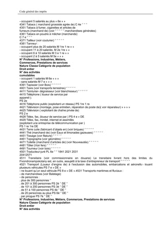 Code général des impôts


- occupant 5 salariés au plus » 6e » »
4341 Tabacs ( marchand grossiste agrée de) C 4e ‘’ ‘’ ‘’
4351 Tabacs à fumer, cigarettes et articles de
fumeurs (marchand de) (voir ‘’ ‘’ ‘’ ‘’ ‘’.marchandises générales)
4361 Tabacs en poudre à mâcher (marchande)
C 7 e ‘’ ‘’ ‘’
4371 Tailleur (voir couturier) ‘’ ‘’ ‘’ ‘’ ‘’
4381 Tanneur :
- occupant plus de 20 salariés M 1re 1 re » »
- occupant 11 à 20 salariés. M 2e 1re » »
- occupant 6 à 10 salariés M 3 e 1 re » »
- occupant 2 à 5 salariés M 5e » » »
N° Professions, Industries, Métiers,
Commerces, Prestations de services
Nature Classe Catégorie de population
Droit entier
N° des activités
cumulables
- occupant 1 salariés M 6e » » »
- sans salariés M 7 e » » »
4391 Tapissier (voir Bois) ‘’ ‘’ ‘’ ‘’ ‘’
4401 Taxis (voir transports terrestres) ‘’ ‘’ ‘’ ‘’ ‘’
4411 Teinturier- dégraisseur (voir blanchisseur) ‘’ ‘’ ‘’ ‘’ ‘’
4415 Téléphone ( loueur de service par
appareil ).
PS 2e
4416 Téléphone public (exploitant un réseau) PS 1re 1 re
4421 Télévision (montage, pose entretien, réparation de poste de)( voir réparateur) » » » »
4425 Télévision ( exploitant de chaîne privée de)
PS 2 e
4428 Télex, fax, (loueur de service par ) PS 4 e » DE
4429 Télex, fax, minitel, internet et assimilés
(exploitant une entreprise de télécommunication par )
PS 1 re 1re DE
4431 Terre cuite (fabricant d’objets en) (voir briques) ‘’ ‘’ ‘’ ‘’ ‘’
4441 Thé (marchand de) (voir Eaux et limonades gazeuses) ‘’ ‘’ ‘’ ‘’ ‘’
4451 Tissage (voir filature) ‘’ ‘’ ‘’ ‘ ‘’
4461 Topographe (voir géomètre) ‘’ ‘’ ‘’ ‘’ ‘’
4471 Toilette (marchand d’articles de) (voir Nouveautés) ‘’ ‘’ ‘’ ‘’ ‘’
4481 Tôlier (Voir fers) ‘’ ‘’ ‘’ ‘’ ‘’
4491 Tourneur (voir bois) ‘’ ‘’ ‘’ ‘’ ‘’
4501 Traducteur-juré PL 6e ‘’ ‘’ 1841 2021 2031
20412571
4511 Transitaire (voir commissionnaire en douane) Le transitaire livrant hors des limites du
Fivondronampokotany est, en outre, assujetti à la taxe d’entrepreneur de transport ‘’ ‘’ ‘’ ‘’ ‘’
4521 Transport (Loueur d’engins de) à l’exclusion des automobiles, embarcations et aéronefs:- louant
plusieurs véhicules PS 7 e » DE »
- ne louant qu’un seul véhicule PS 8 e » DE ».4531 Transports maritimes et fluviaux :
- de marchandises (voir Batelage)
- de personnes :
. plus de 300 personnes ‘’
. de 201 à 300 personnes PS 2è ‘’ DE ‘’
. de 101 à 200 personnes PS 3è ‘’ DE ‘’
. de 51 à 100 personnes PS 4è ‘’ DE ‘’
. de 20 personnes au plus PS 6è ‘’ DE ‘’
. par pirogue PS 7è ‘’ DE ‘’
N° Professions, Industries, Métiers, Commerces, Prestations de services
Nature Classe Catégorie de population
Droit entier
N° des activités
 