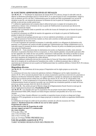 Code général des impôts


II- SANCTIONS ADMINISTRATIVES ET PENALES
Art. 06. 01. 30. - 1° Nonobstant les dispositions de l'article 06.01.29 ci-dessus, lorsque le redevable omet de
déposer sa déclaration périodique prévue à l'article 06.01.16 ou omet de payer la taxe correspondante, malgré la
mise en demeure qui lui a été faite, l'Administration peut lui notifier par lettre recommandée avec accusé de
réception ou par fax, son intention de prononcer la fermeture de tout ou partie de l'entreprise pendant une
période ne pouvant pas excéder quinze jours.
2° A défaut de régularisation de la situation dans le délai de huit jours à compter de la réception de la
notification ci-dessus visée, la fermeture de tout ou partie de l'établissement est prononcée par décision du
Directeur Général des Impôts.
Il est procédé à la fermeture totale ou partielle sous scellés des locaux de l'entreprise par un huissier de justice
mandaté à cet effet.
Le motif de la fermeture est affiché de manière très apparente sur la façade ou la porte de l'établissement
pendant la durée de la fermeture.
3° Toute opposition par quelque personne que ce soit aux opérations précédentes, ou toute manoeuvre ayant
pour effet de poursuivre l'activité d'une manière ou d'une autre constitue un délit pénal passible
d'emprisonnement de un à trois mois.
4° Si avant l'expiration de la période de fermeture, le redevable satisfait à ses obligations de déclaration et de
paiement, ou s'il présente une caution solvable acceptée par l'Administration qui s'oblige solidairement avec le
redevable à payer le montant des droits et pénalités exigibles, l'huissier de justice est mandaté pour procéder à la
réouverture de l'établissement.
Art. 06. 01. 31. - Toute minoration dans les déclarations de recettes ou d'opérations taxables, toute omission
d'écritures ou passation d'écritures fictives ou inexactes, et, d'une manière générale, tout procédé ayant pour effet
de faire apparaître des crédits de taxe non justifiés, notamment si ledit procédé a été réalisé ou facilité au moyen
d'achats ou de ventes sans factures ou de factures ne se rapportant pas à des opérations réelles, entraînent de
plein droit annulation de l'intégralité des crédits déclarés.
Les crédits indûment remboursés doivent être reversés dans la Caisse du Trésor dans le délai de huit jours à
dater de la réception de la notification de l'annulation des crédits. Le défaut de paiement dans ce délai est
sanctionné par la fermeture de tout ou partie de l'établissement dans les conditions définies à l'article 06.01.30 ci-dessus.
CHAPITRE XIV
Dispositions diverses
Art. 06. 01. 32. - Le contentieux de la taxe perçue à l'importation suit les règles propres au service des
Douanes.
Le contentieux de la taxe due à raison des opérations réalisées à Madagascar suit les règles énumérées aux
articles 20. 02. 105 et suivants du présent Code, les actions et poursuites ayant lieu au nom de la loi, poursuites et
diligences du Directeur Général des Impôts. Les agents habilités à constater les infractions aux dispositions du
présent titre et à dresser procès-verbal sont ceux définis aux articles 20. 02. 46 à 20. 02. 48 du même Code.
Art. 06. 01. 33. - A titre exceptionnel et à l'occasion des fléaux et cataclysmes naturels, le Ministre chargé de
la Réglementation fiscale est autorisé à accorder, par voie d'arrêté une exonération partielle ou totale de la taxe
prévue aux articles suivants: 06.01.02, 06.01.03 et 06.01.05.
Art. 06. 01. 34. - Des arrêtés pris par le Ministre chargé de la Réglementation fiscale fixeront en tant que de
besoin l'application du présent texte..Fiscalisation du PIP
Art. 06. 01. 35. - Les marchés ainsi que les acquisitions liés aux projets inscrits dans le Programme
d'Investissement Public (PIP), financés sur fonds d'origine extérieure sont passibles de la Taxe sur la Valeur
Ajoutée.
La Taxe sur la Valeur Ajoutée afférente à ces marchés et acquisition locaux est prise en charge par la ligne
budgétaire (TTL) programmée au niveau de chaque projet par le ministère de tutelle ou organismes bénéficiaires
du projet.
La mobilisation de la ligne de crédit suit les procédures normales de celle des ressources de l’Etat.
Annexe 1 : Remboursement des crédits de taxe sur la valeur ajoutée
Proportion des ventes et
services taxés au taux de Proportion de crédit
zéro par rapport au total TVA remboursable
des ventes taxables
9/10 ou plus 100 p. 100
entre 7/10 et 9/10 80 p. 100
entre 3/10 et 7/10 50 p. 100
moins de 3/10 Néant.TITRE PREMIER (bis)
Liste des produits exonérés de la TVA
TARIF NUMERO DESIGNATION DES PRODUITS
 