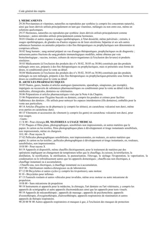 Code général des impôts


I. MEDICAMENTS
29.36 Provitamines et vitamines, naturelles ou reproduites par synthèse (y compris les concentrats naturels),
ainsi que leurs dérivés utilisés principalement en tant que vitamines, mélangés ou non entre eux, même en
solutions quelconques.
29.37 Hormones, naturelles ou reproduites par synthèse ;leurs dérivés utilisés principalement comme
hormones ; autres stéroïdes utilisés principalement comme hormones.
30.01 Glandes et autres organes à usages opothérapiques, à l'état desséché, même pulvérisés ; extraits, à
usages opothérapiques, de glandes ou d'autres organes ou de leurs sécrétions; héparine et ses sels autres
substances humaines ou animales préparées à des fins thérapeutiques ou prophylactiques non dénommées ni
comprises ailleurs.
30.02 Sang humain ; sang animal préparé en vue d'usages thérapeutiques, prophylactiques ou de diagnostic ;
antiserums,autres fractions du sang,produits immunologiques modifiés, même obtenus par voie
biotechnologique ; vaccins, toxines, cultures de micro-organismes (à l'exclusion des levures) et produits
similaires .
30 03 Médicaments (à l'exclusion des produits des n°s 30.02, 30.05 ou 30.06) constitués par des produits
mélangés entre eux, préparés à des fins thérapeutiques ou prophylactiques, mais ni présentés sous forme de
doses, ni conditionnés pour la vente au détail.
30.04 Médicaments (à l'exclusion des produits des n°s 30.02, 30.05 ou 30.06) constitués par des produits
mélangés ou non mélangés, préparés à des fins thérapeutiques ou prophylactiques,présentés sous forme de
doses ou conditionnés pour la vente au détail
II. ARTICLES PHARMACEUTIQUES
30.05 Ouates, gazes, bandes et articles analogues (pansements, sparadraps, sinapismes, par exemple),
imprégnés ou recouverts de substances pharmaceutitiques ou conditionnés pour la vente au détail à des fins
médicales, chirurgicales, dentaires ou vétérinaires.
30.06 Préparations et articles pharmaceutiques visés par la Note 4 du Chapitre.
33 06 Préparations pour l'hygiène buccale ou dentaire, compris les poudres et crèmes pour faciliter
l'adhérence des dentiers ; fils utilisés pour nettoyer les espaces interdentaires (fils dentaires), emballés pour la
vente aux particuliers.
40 14 Articles d'hygiène ou de pharmacie (y compris les tétines), en caoutchouc vulcanisé non durci, même
avec parties en caoutchouc durci.
40 15 Vêtements et accessoires du vêtement (y compris les gants) en caoutchouc vulcanisé non durci, pour
tous usages.
- Gants :
11 X 00 - Pour chirurgie.III. MATERIELS A USAGE MEDICAL
37 01 Plaques et films plans, photographiques, sensibilisés non impressionnés, en autres matières que le
papier, le carton ou les textiles, films photographiques plans à développement et tirage instantanés sensibilisés,
non impressionnés, même en chargeurs.
10 L 00 - Pour rayons X
37 02 Pellicules photographiques sensibilisées, non impressionnées, en rouleaux, en autres matières que
papier, le carton ou les textiles ; pellicules photographiques à développement et tirage instantanés, en, rouleaux,
sensibilisées, non impressionnées.
10 H 00 - Pour rayons X
84 19 Appareils et dispositifs, même chauffés électriquement, pour le traitement de matières par des
opérations impliquant un changement de température telles que le chauffage, la cuisson, la torréfaction, la
distillation, la rectification, la stérilisation, la pasteurisation, l'étuvage, le séchage l'évaporation, la vaporisation, la
condensation ou le refroidissement autres que les appareils domestiques ; chauffe-eau non électriques, à
chauffage instantané ou à accumulation.
- Chauffe-eau, non électriques, à chauffage instantané ou à accumulation.
20 F 00 - Stérilisateurs médico-chirurgicaux ou de laboratoires
87 12 00 Bicyclettes et autres cycles (y compris les tri-porteurs), sans moteur.
H 10 - Bicyclettes pour infirmes
87 13 Fauteuils roulants et autres véhicules pour invalides, même avec moteur ou autre mécanisme de
propulsion.
10 B 00 - Sans mécanisme de propulsion
90 18 Instruments et appareils pour la médecine, la chirurgie, l'art dentaire ou l'art vétérinaire, y compris les
appareils de scintigraphie et autre appareils électromédicaux ainsi que les appareils pour tests visuels.
90 19 Appareils de mécanothérapie ; appareils de massage ; appareils de psychotechnie; appareils
d'ozonothérapie, d'oxygénothérapie, d'aérosolthérapie, appareils respiratoires de réanimation et autres
appareils de thérapie respiratoire.
90 20 00 W 00 Autres appareils respiratoires et masques à gaz, à l'exclusion des masques de protection
 