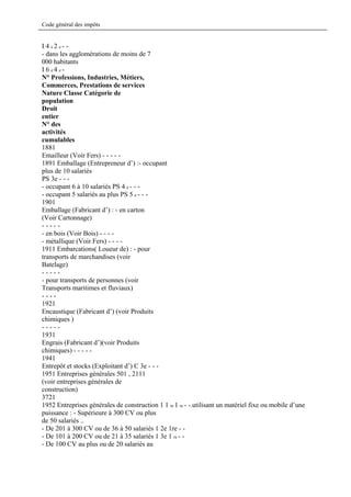 Code général des impôts


I 4 e2 e- -
- dans les agglomérations de moins de 7
000 habitants
I 6 e4 e-
N° Professions, Industries, Métiers,
Commerces, Prestations de services
Nature Classe Catégorie de
population
Droit
entier
N° des
activités
cumulables
1881
Emailleur (Voir Fers) - - - - -
1891 Emballage (Entrepreneur d’) :- occupant
plus de 10 salariés
PS 3e - - -
- occupant 6 à 10 salariés PS 4 e - - -
- occupant 5 salariés au plus PS 5 e - - -
1901
Emballage (Fabricant d’) : - en carton
(Voir Cartonnage)
-----
- en bois (Voir Bois) - - - -
- métallique (Voir Fers) - - - -
1911 Embarcations( Loueur de) : - pour
transports de marchandises (voir
Batelage)
-----
- pour transports de personnes (voir
Transports maritimes et fluviaux)
----
1921
Encaustique (Fabricant d’) (voir Produits
chimiques )
-----
1931
Engrais (Fabricant d’)(voir Produits
chimiques) - - - - -
1941
Entrepôt et stocks (Exploitant d’) C 3e - - -
1951 Entreprises générales 501 , 2111
(voir entreprises générales de
construction)
3721
1952 Entreprises générales de construction 1 1 re 1 re - -.utilisant un matériel fixe ou mobile d’une
puissance : - Supérieure à 300 CV ou plus
de 50 salariés ..
- De 201 à 300 CV ou de 36 à 50 salariés 1 2e 1re - -
- De 101 à 200 CV ou de 21 à 35 salariés 1 3e 1 re - -
- De 100 CV au plus ou de 20 salariés au
 