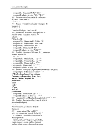 Code général des impôts


- occupant 3 à 5 salariés PS 3e ‘’ DE ‘’
- occupant 2 salariés au plus PS 4 e ‘’ DE ‘’
3831 Pneumatiques (entreprise de rechapage
de) (voir caoutchouc ).
‘’ ‘’ ‘’ ‘’ ‘’
3841 Pousse pousse (loueur de) (voir engins de
transport )
‘’ ‘’ ‘’ ‘’ ‘’
Produits chimiques (fabricant de)
3845 Prestations de service non - prévues au
présent tarif : - occupant plus de 50
salariés
PS 1re 1 re DE
- occupant 36 à 50 salariés PS 2è 1ère DE
- occupant 21 à 35 salariés PS 3è 1 ère DE
- occupant 11 à 20 salariés PS 4è ‘’ ‘’
- occupant 5 à 10 salariés PS 5è ‘’ ‘’
- occupant 5 salariés au plus PS 6è ‘’ ‘’
3851 Produits chimiques (fabricant de) : -occupant
plus de 50 salariés
I 1 re 1 re ‘’ ‘’
- occupant 36 à 50 salariés I 2 e 1re ‘’ ‘’
- occupant 21 à 35 salariés I 3e 1re ‘’ ‘’
- occupant 11 à 20 salariés I 4e ‘’ ‘’ ‘’
- occupant 6 à 10 salariés I 5 e ‘’ ‘’ ‘’
- occupant 5 salariés au plus I 6 e ‘’ ‘’ ‘’
3861 Produits chimiques ,engrais (Marchand.de) : - en gros :
- occupant plus de 10 salariés C 1re ‘’ ‘’ ‘’
N° Professions, Industries, Métiers,
Commerces, Prestations de services
Nature Classe Catégorie de
population
Droit
entier
N° des
activités
cumulables
- occupant 6 à 10 salariés C 2e ‘’ ‘’ ‘’
- occupant 5 salariés au plus C 3 e ‘’ ‘’ ‘’
3871 - au détail (voir Marchandises générales) ‘’ ‘’ ‘’ ‘’ ‘’
3881 Produits d’entretien (Fabricant de ) (Voir
produits chimiques).
‘’ ‘’ ‘’ ‘’ ‘’
Produits locaux (Marchand de ) : 1-
Bestiaux:
3891 – exportateur C 2e 1re DE ‘’
3892 - revendant sur place C 3 e 2e DE ‘’
Les taxes sont cumulables entre elles.2-
Autres produits:
- Vanille, café, girofle, poivre, arachides,
cacao, cannes à sucre, raphia, plantes à
parfum, tabac, peaux, ailerons de requins,
 