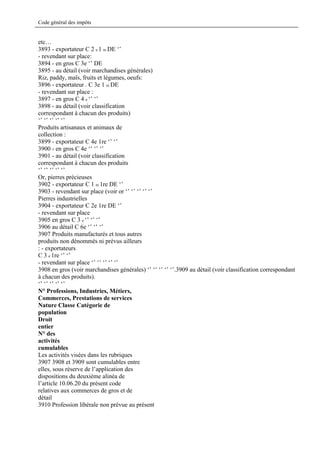 Code général des impôts


etc…
3893 - exportateur C 2 e 1 re DE ‘’
- revendant sur place:
3894 - en gros C 3e ‘’ DE
3895 - au détail (voir marchandises générales)
Riz, paddy, maïs, fruits et légumes, oeufs:
3896 - exportateur . C 3e 1 re DE
- revendant sur place :
3897 - en gros C 4 e ‘’ ‘’
3898 - au détail (voir classification
correspondant à chacun des produits)
‘’ ‘’ ‘’ ‘’ ‘’
Produits artisanaux et animaux de
collection :
3899 - exportateur C 4e 1re ‘’ ‘’
3900 - en gros C 4e ‘’ ‘’ ‘’
3901 - au détail (voir classification
correspondant à chacun des produits
‘’ ‘’ ‘’ ‘’ ‘’
Or, pierres précieuses
3902 - exportateur C 1 re 1re DE ‘’
3903 - revendant sur place (voir or ‘’ ‘’ ‘’ ‘’ ‘’
Pierres industrielles
3904 - exportateur C 2e 1re DE ‘’
- revendant sur place
3905 en gros C 3 e ‘’ ‘’ ‘’
3906 au détail C 6e ‘’ ‘’ ‘’
3907 Produits manufacturés et tous autres
produits non dénommés ni prévus ailleurs
: - exportateurs
C 3 e 1re ‘’ ‘’
- revendant sur place ‘’ ‘’ ‘’ ‘’ ‘’
3908 en gros (voir marchandises générales) ‘’ ‘’ ‘’ ‘’ ‘’.3909 au détail (voir classification correspondant
à chacun des produits).
‘’ ‘’ ‘’ ‘’ ‘’
N° Professions, Industries, Métiers,
Commerces, Prestations de services
Nature Classe Catégorie de
population
Droit
entier
N° des
activités
cumulables
Les activités visées dans les rubriques
3907 3908 et 3909 sont cumulables entre
elles, sous réserve de l’application des
dispositions du deuxième alinéa de
l’article 10.06.20 du présent code
relatives aux commerces de gros et de
détail
3910 Profession libérale non prévue au présent
 