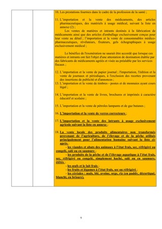 10. Les prestations fournies dans le cadre de la profession de la santé ;

11. L’importation et la vente des médicaments, des articles
    pharmaceutiques, des matériels à usage médical, suivant la liste en
    annexe (2) ;
       Les ventes de matières et intrants destinés à la fabrication de
médicaments ainsi que des articles d'emballage exclusivement conçus pour
leur vente au détail ; l’importation et la vente de consommables médico-
pharmaceutiques, révélateurs, fixateurs, gels échographiques à usage
exclusivement médical ;

       Le bénéfice de l'exonération ne saurait être accordé que lorsque ces
matières et intrants ont fait l'objet d'une attestation de destination établie par
des fabricants de médicaments agréés et visée au préalable par les services
fiscaux ;

12. L’importation et la vente de papier journal ; l'importation, l'édition et la
    vente de journaux et périodiques, à l'exclusion des recettes provenant
    des insertions de publicité et d'annonces ;
13. L’importation et la vente de timbres - postes et de monnaies ayant cours
    légal ;

14. L’importation et la vente de livres, brochures et imprimés à caractère
    éducatif et scolaire ;

15. L’importation et la vente de pétroles lampants et de gaz butanes ;

16. L’importation et la vente de verres correcteurs ;

17. L’importation et la vente des intrants à usage exclusivement
    agricole suivant la liste en annexe ;

18. La vente locale des produits alimentaires non transformés
    provenant de l’agriculture, de l’élevage et de la pêche utilisés
    principalement pour l’alimentation humaine suivant la liste ci-
    après :
          - les viandes et abats des animaux à l’état frais, sec, réfrigéré ou
 congelé, salé ou en saumure ;
          - les produits de la pêche et de l’élevage aquatique à l’état frais,
 sec, réfrigéré ou congelé, simplement haché, salé ou en saumure,
 étêtés ;
          - les œufs et le lait frais ;
          - les fruits et légumes à l’état frais, sec ou réfrigéré ;
          - les céréales : maïs, blé, avoine, orge, riz (en paddy, décortiqué,
 blanchi, en brisure).




                    9
 