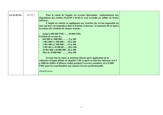 Art 01.02.36.-   A1.T2.7          Pour le calcul de l’impôt, les revenus déterminés conformément aux
                           dispositions des articles 01.02.09 à 01.02.13 sont arrondis au millier de francs
                           inférieur.
                                  L’impôt est calculé en appliquant aux tranches du revenu imposable les
                           taux qui leur correspondent dans le barème ci-dessous ; le montant dû est égal à
                           la somme des résultats de chaque tranche.

                           - jusqu’à 600 000 FMG : …10 000 FMG
                           Fraction de revenu de :
                           - 601 000 à 1 000 000 : …….2 p 100
                           - 1 001 000 à 1 500 000 : …10 p 100
                           - 1 501 000 à 2 500 000 : …15 p 100
                           - 2 501 001 à 10 000 00 : ….20 p 100
                           - 10 001 000 à 20 000 000 : 25 p 100
                           - Plus de 20 000 000 : …….30 p 100

                                  En tout état de cause, le montant obtenu après application de la
                           réduction d’impôt définie au chapitre VIII ci-après ne doit être inférieur ni à 5
                           p 1000 du chiffre d’affaires réalisé pendant l’exercice considéré, ni à 25 000
                           FMG pour les contribuables non soumis à la taxe professionnelle.

                           (Modification)




                                                                      3
 